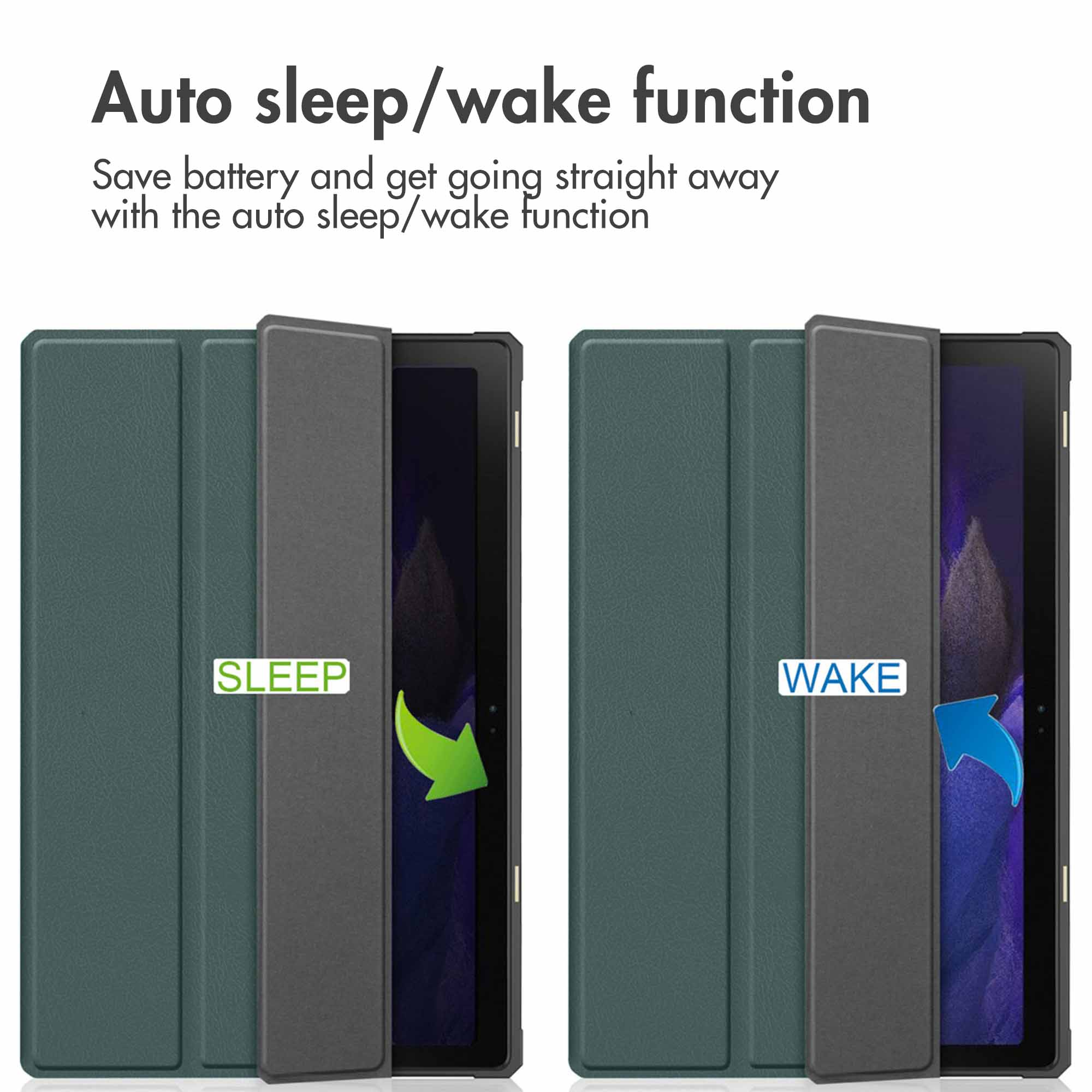 Diagram shows the auto sleep/wake function of a green tablet case with closed and open states.