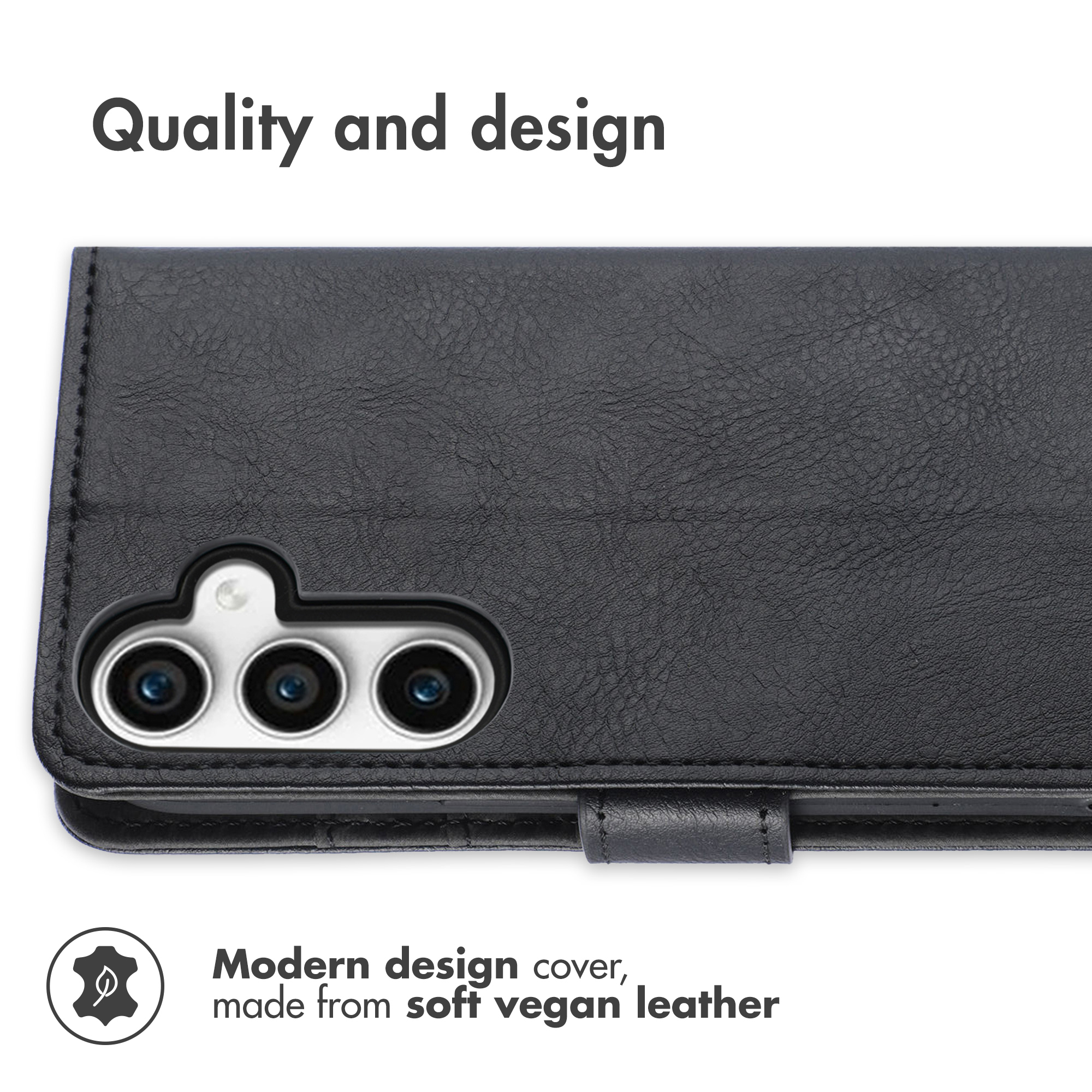 Un étui de téléphone en cuir vegan noir avec des découpes pour l'appareil photo et le texte Quality and design.