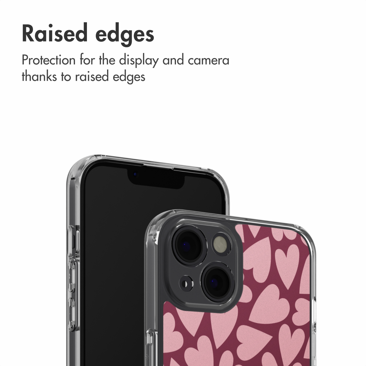 Zwei Smartphones in klaren Schutzhüllen mit erhöhten Rändern, eines mit rosa Herzmuster.