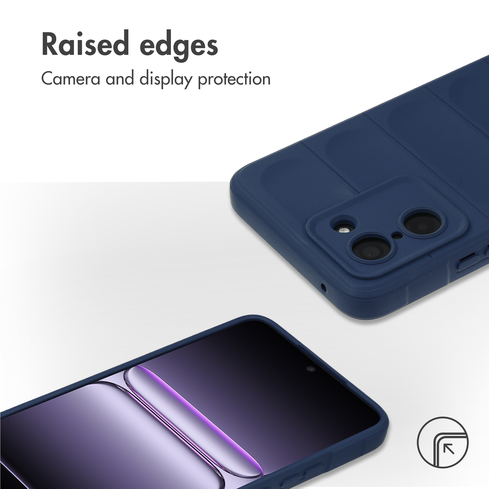 Blauwe smartphonehoes met verhoogde randen ter bescherming van camera en scherm.