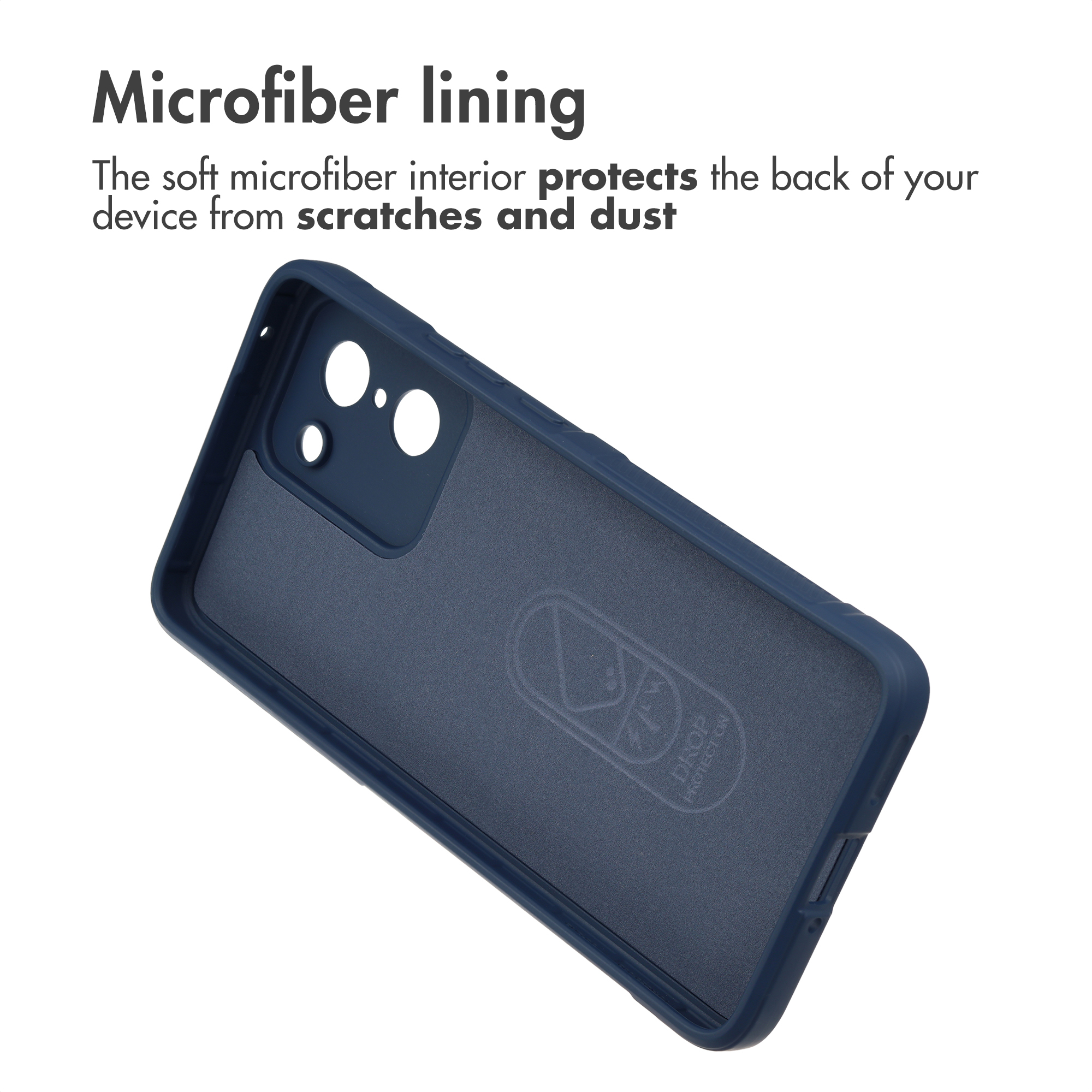 Een donkerblauwe telefoonhoes met zachte microvezel binnenzijde en tekst over kras- en stofbescherming.