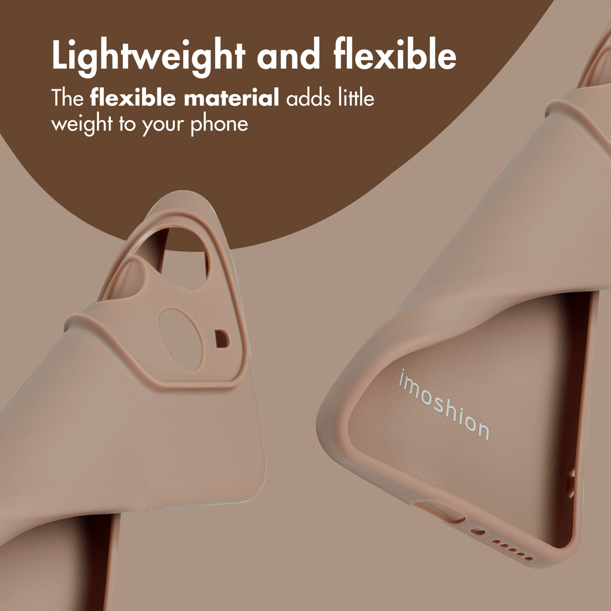 Funda de teléfono beige y flexible que muestra la marca imoshion sobre un fondo marrón con texto.