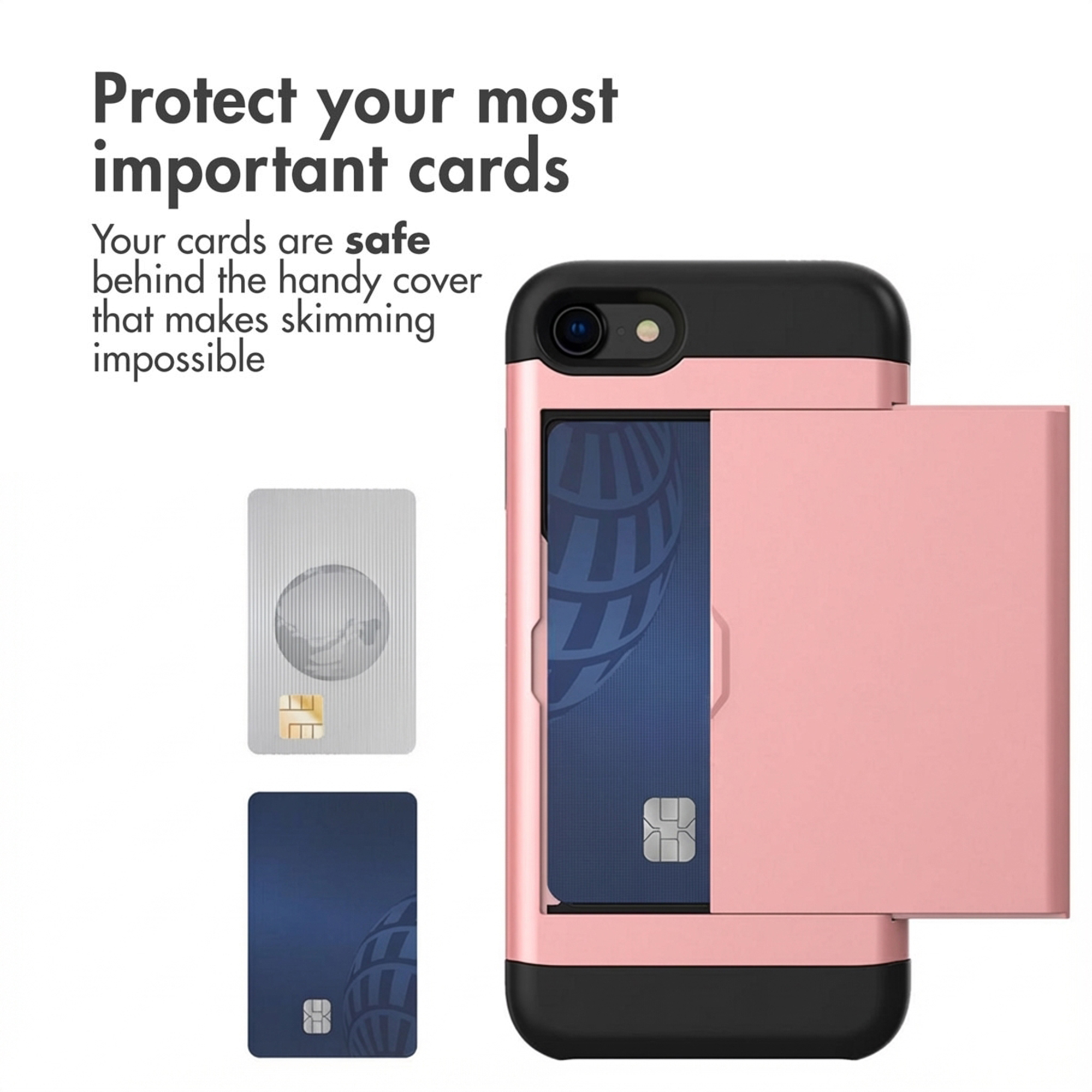 Una custodia rosa per smartphone con porta carte integrato sul retro per proteggere le carte.