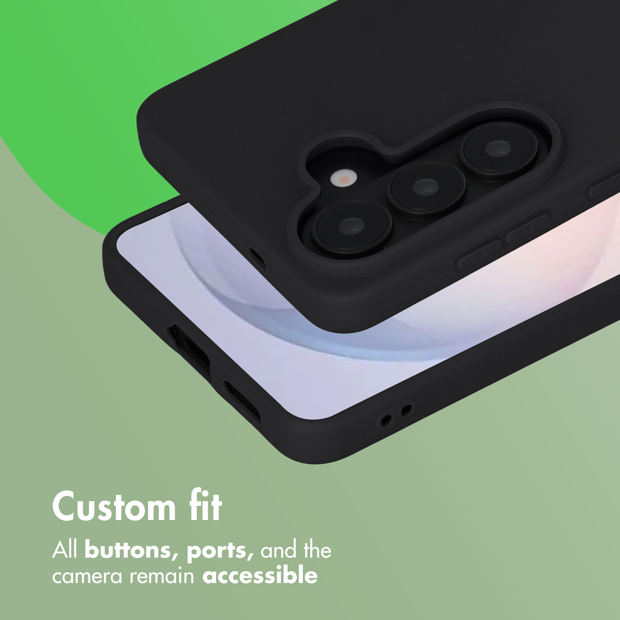 Uno smartphone in custodia nera su sfondo verde, con il testo 'Vestibilità personalizzata'.
