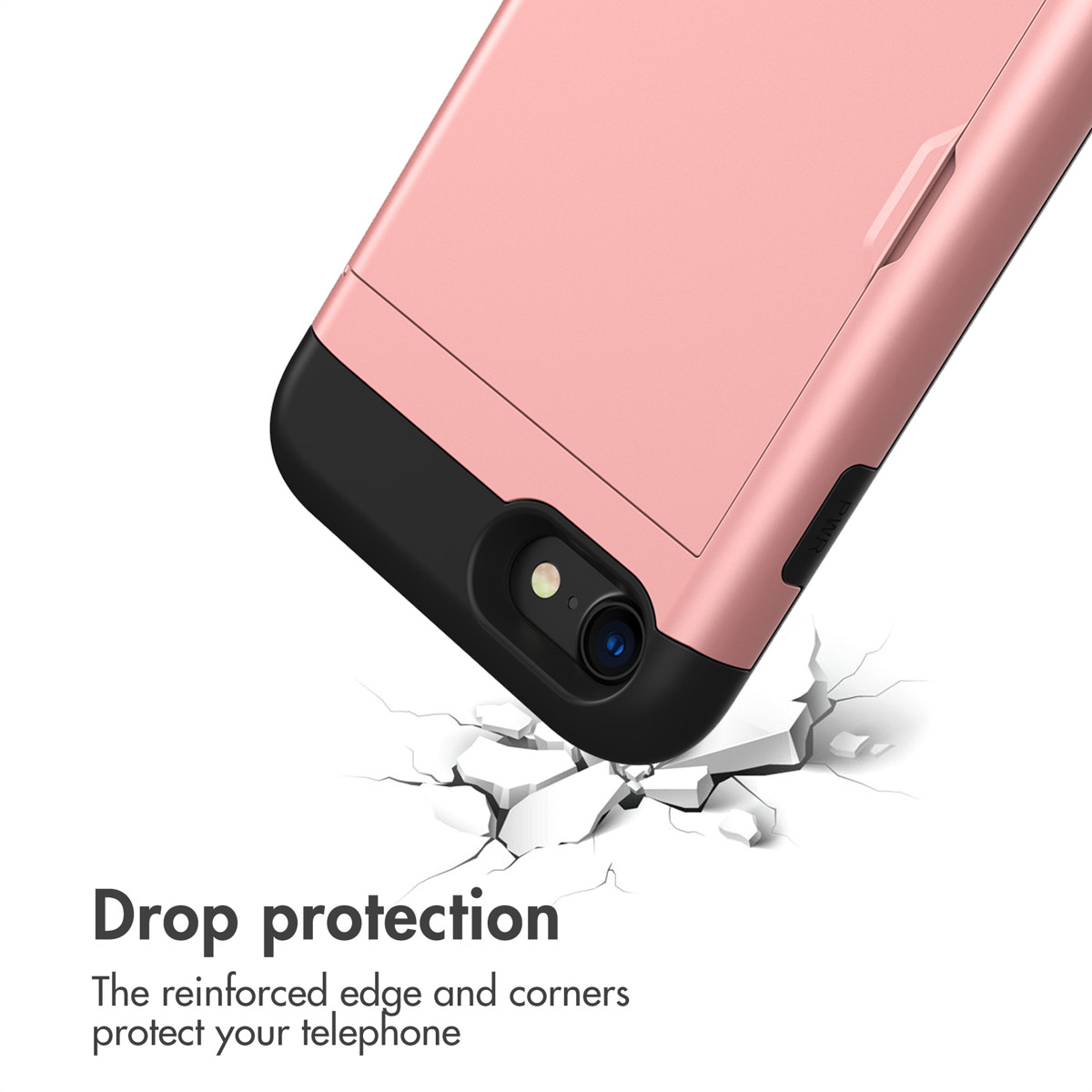 Custodia per telefono rosa e nera sopra un pavimento bianco screpolato, che simboleggia la protezione.