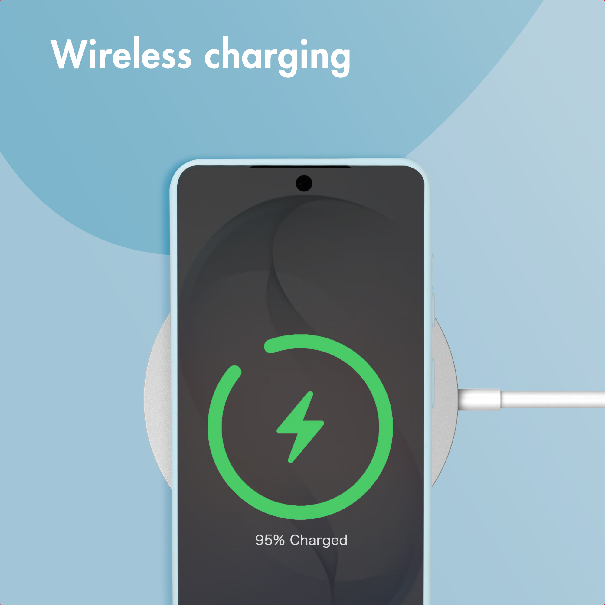 Smartphone in carica su base wireless rotonda con sfondo blu e scritta Wireless charging.