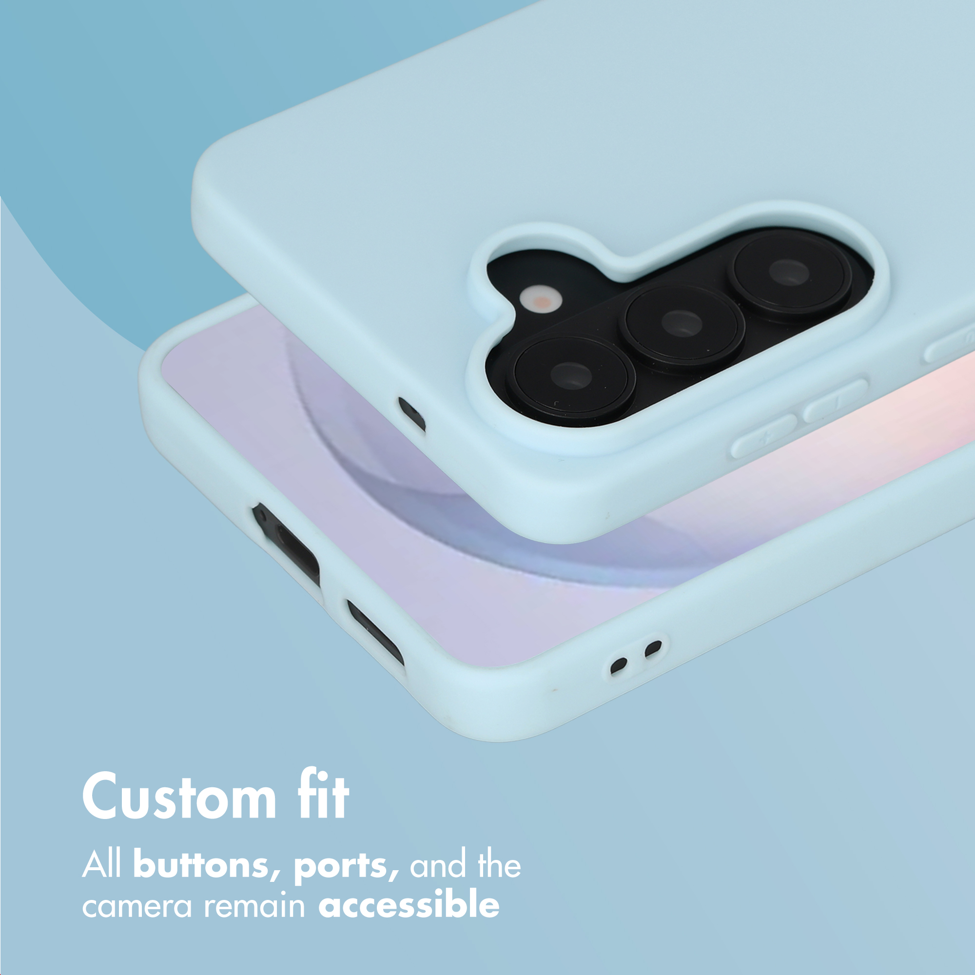Custodia per telefono azzurra con ritagli precisi per fotocamera, pulsanti e porte.