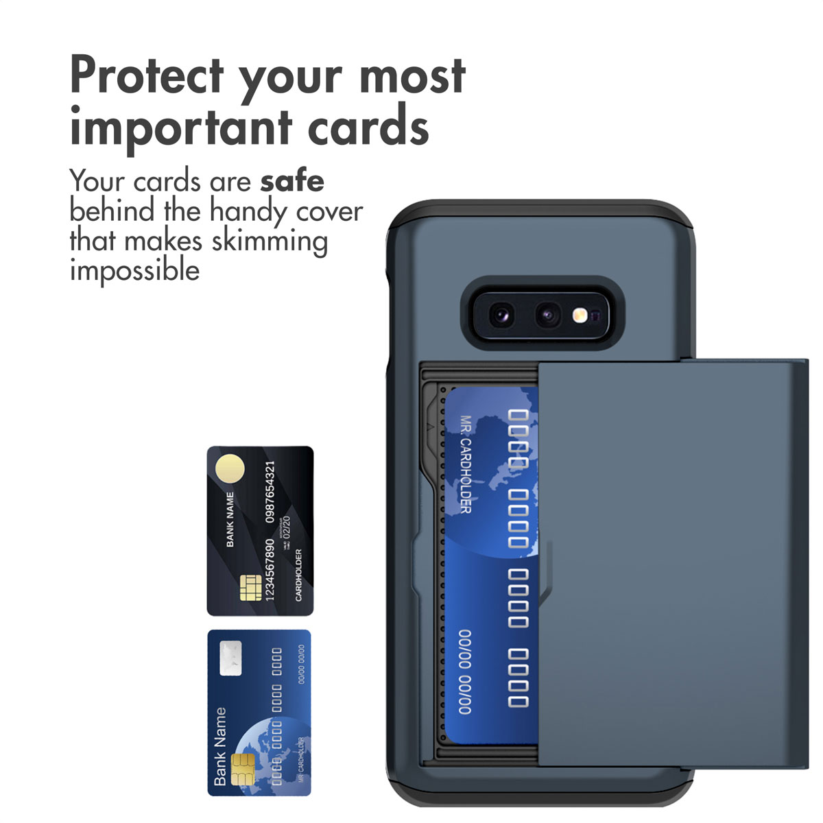 Blauwe smartphonehoes met kaartsleuf aan de achterkant en tekst over beveiliging.