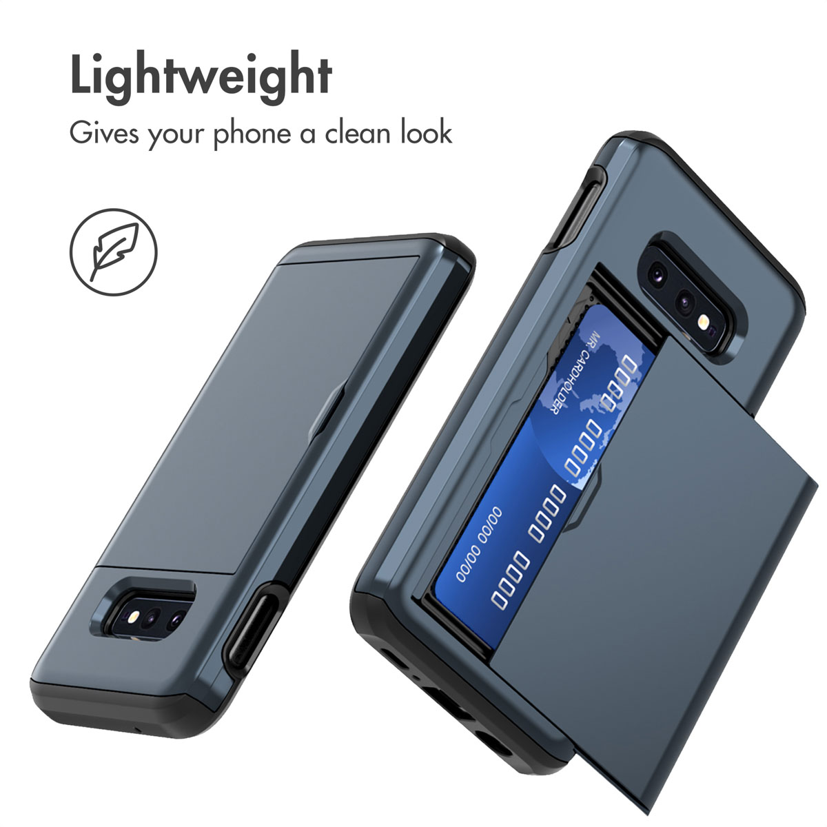 Twee blauwe smartphonehoesjes met geïntegreerde pashouder op een witte achtergrond met tekst.