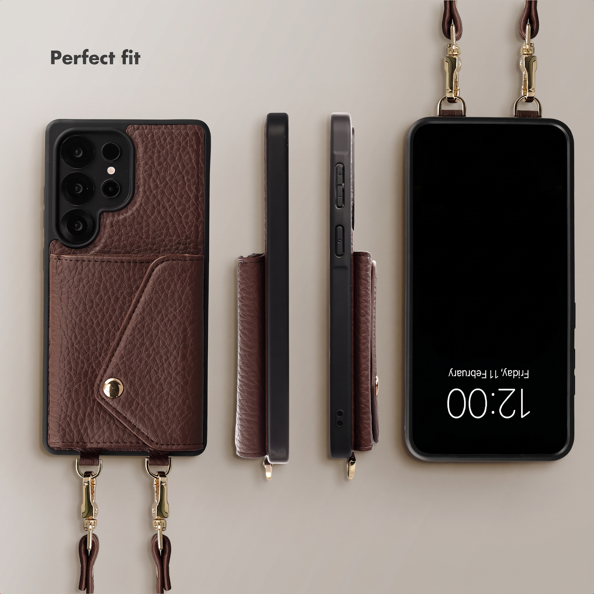 Braunes Leder-Smartphone-Etui mit Kartenhalter und Umhängeband in mehreren Ansichten.