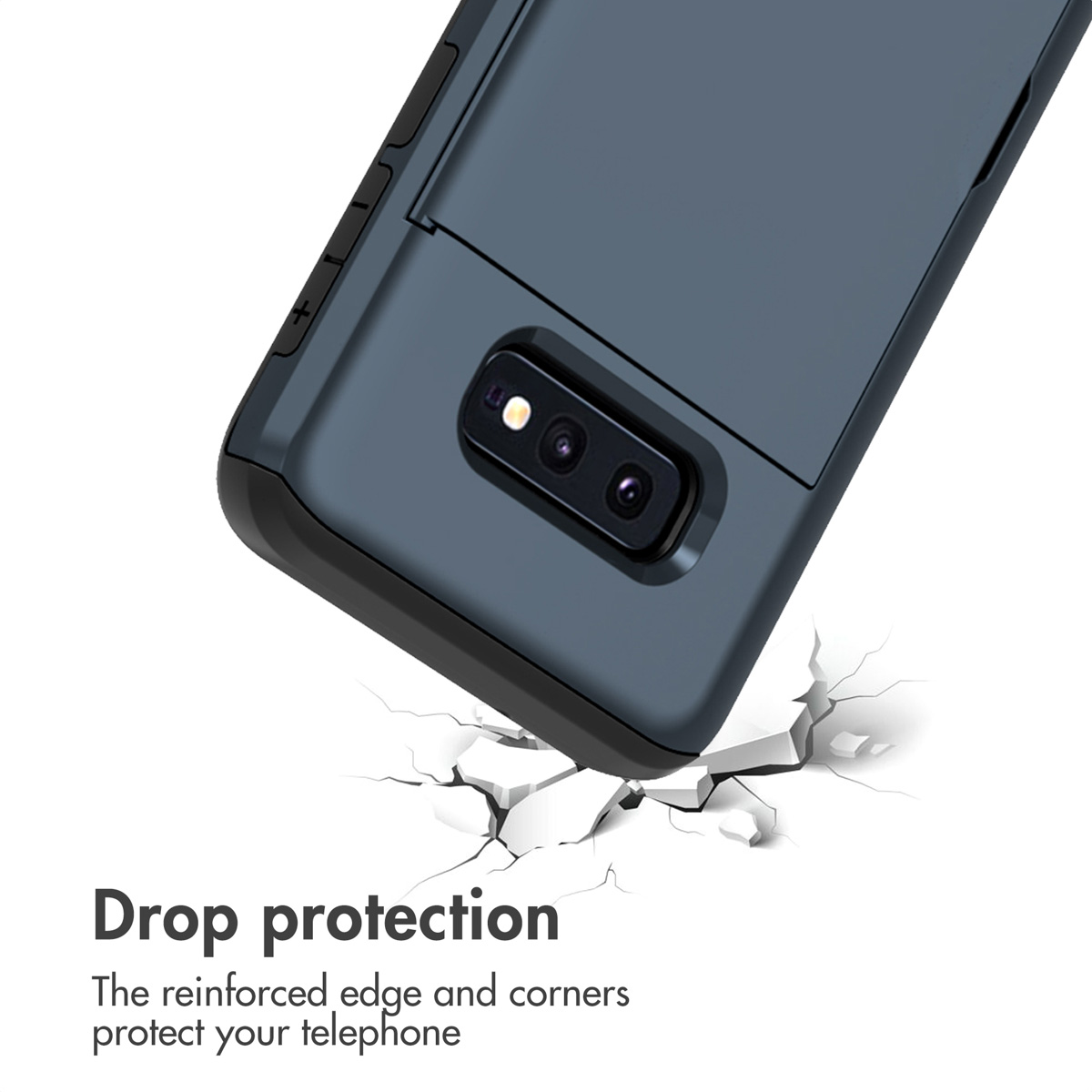 Blauwe smartphonehoes met camera-uitsparing boven gebarsten wit oppervlak, met valbeschermingstekst.
