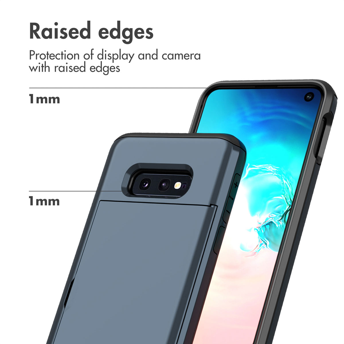 Smartphone in blauw hoesje, met 1 mm verhoogde randen voor scherm- en camerabescherming.