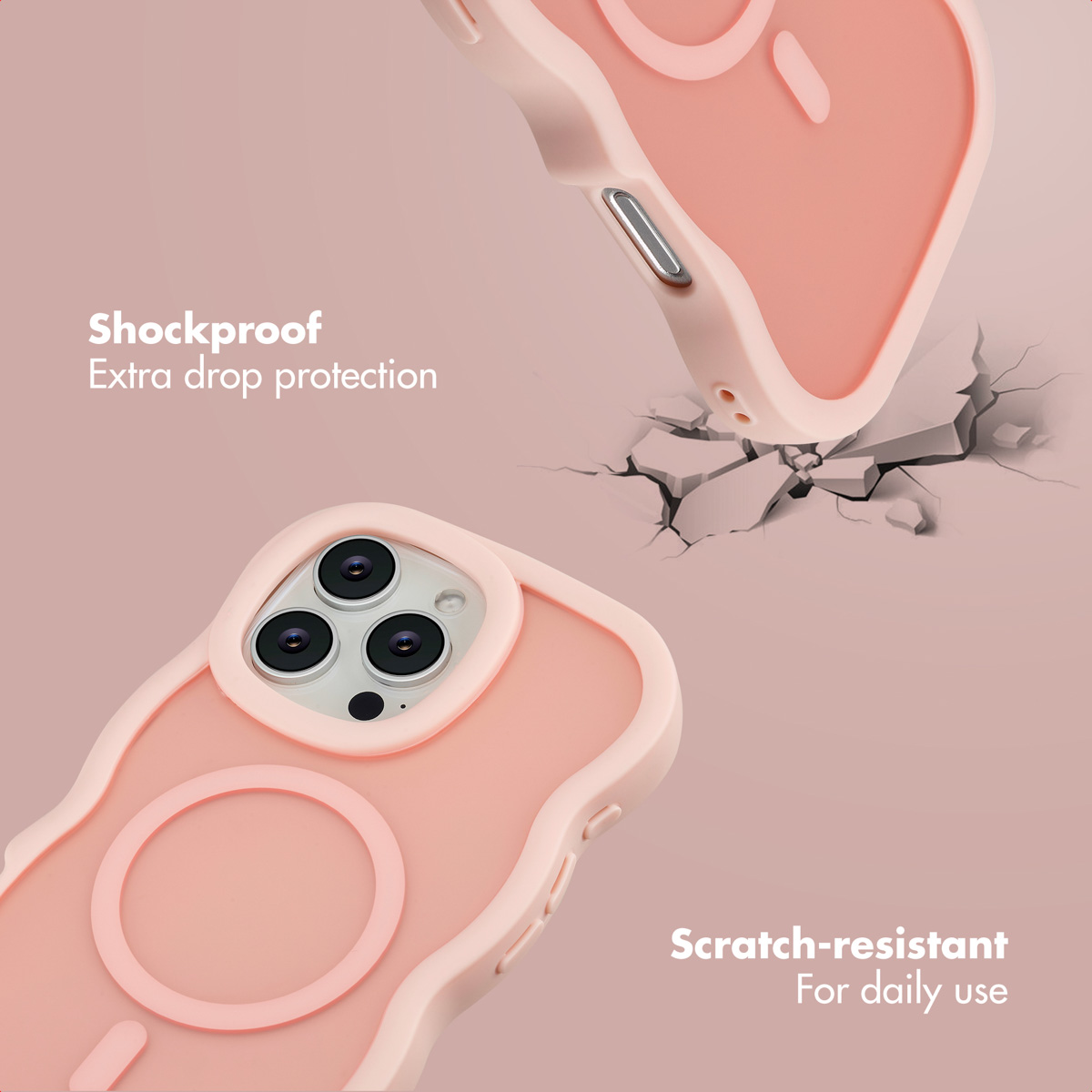 Deux coques de téléphone roses sur fond rose avec du texte vantant la résistance aux chocs.