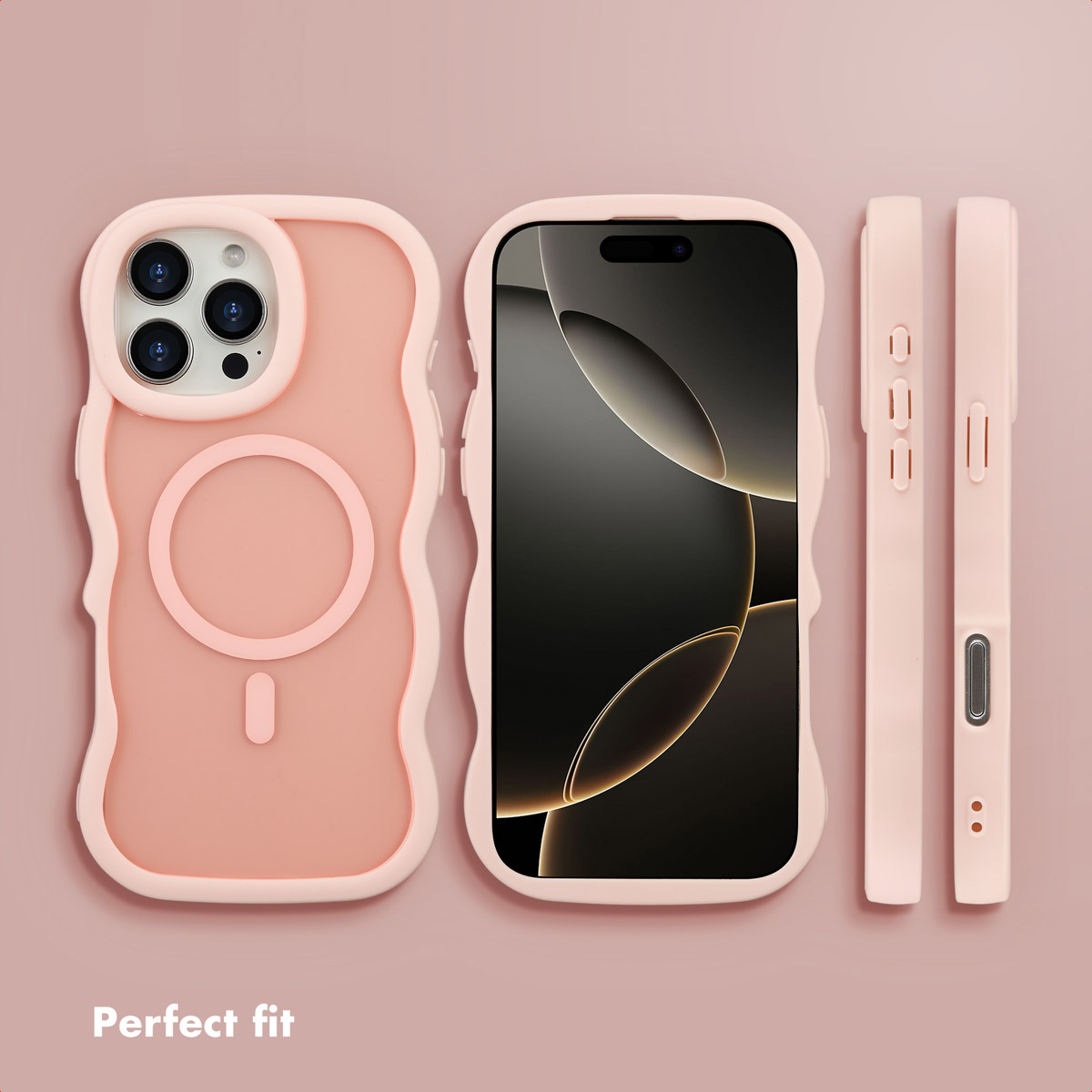 Coque de smartphone rose sous plusieurs angles avec un design ondulé sur fond rose.