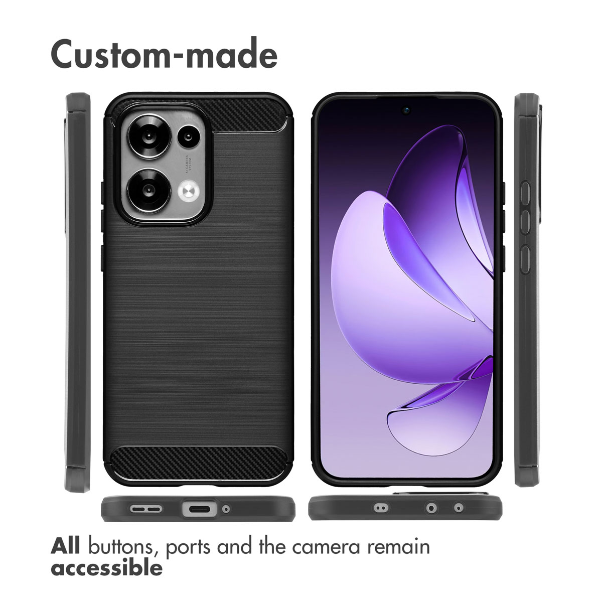 Czarne etui ochronne na telefon pokazane z wielu stron.
