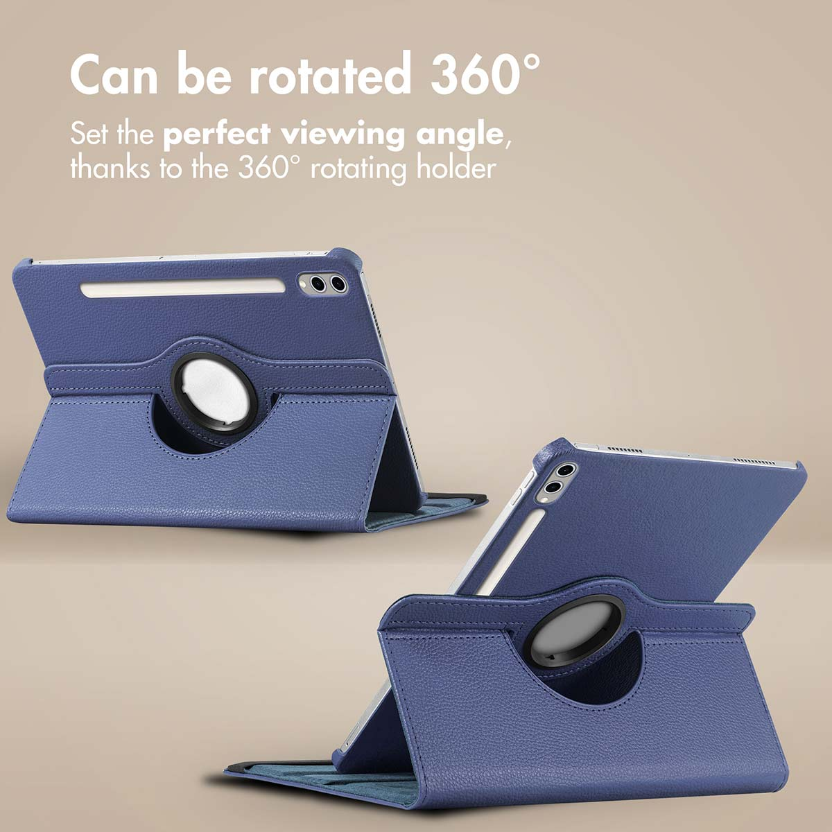 Blue tablet case with a 360-degree rotating stand feature on a beige background.
