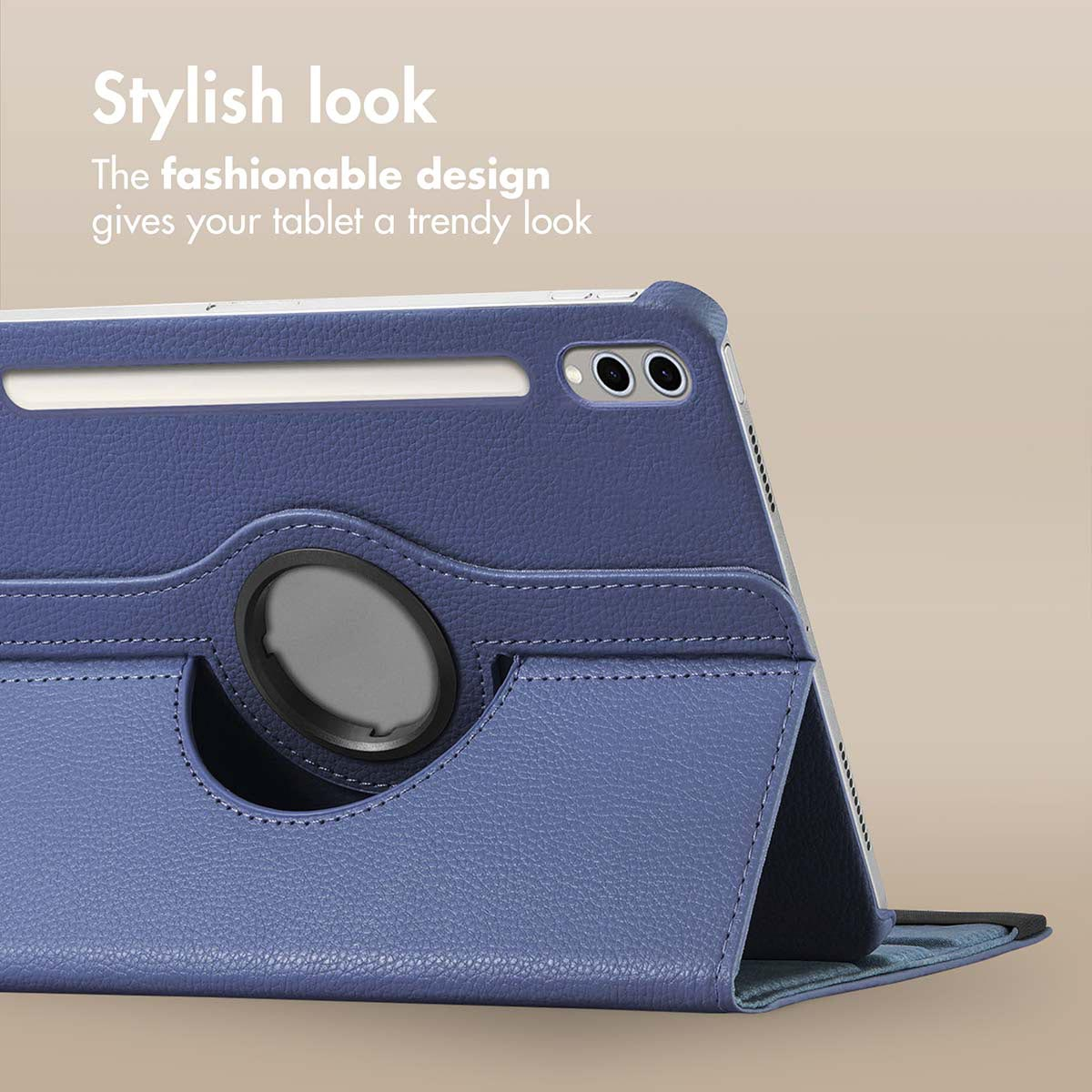 A close-up of a blue leather tablet case with a stand feature, camera cutout, and stylus slot against a plain background.