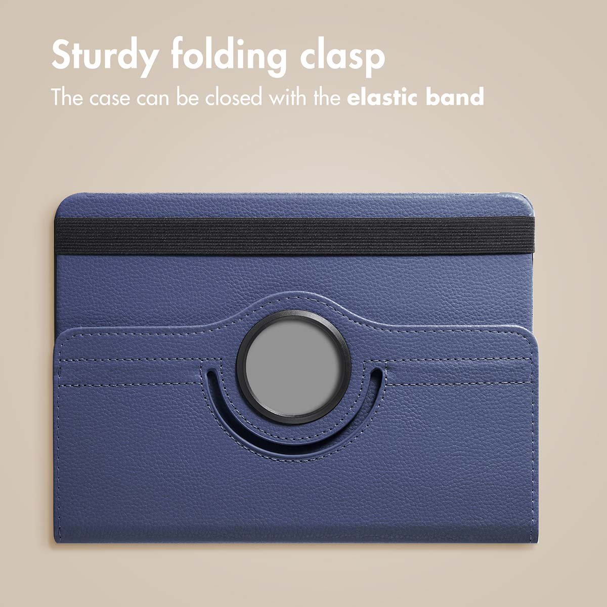 Blue tablet case featuring a black elastic band and a circular clasp.