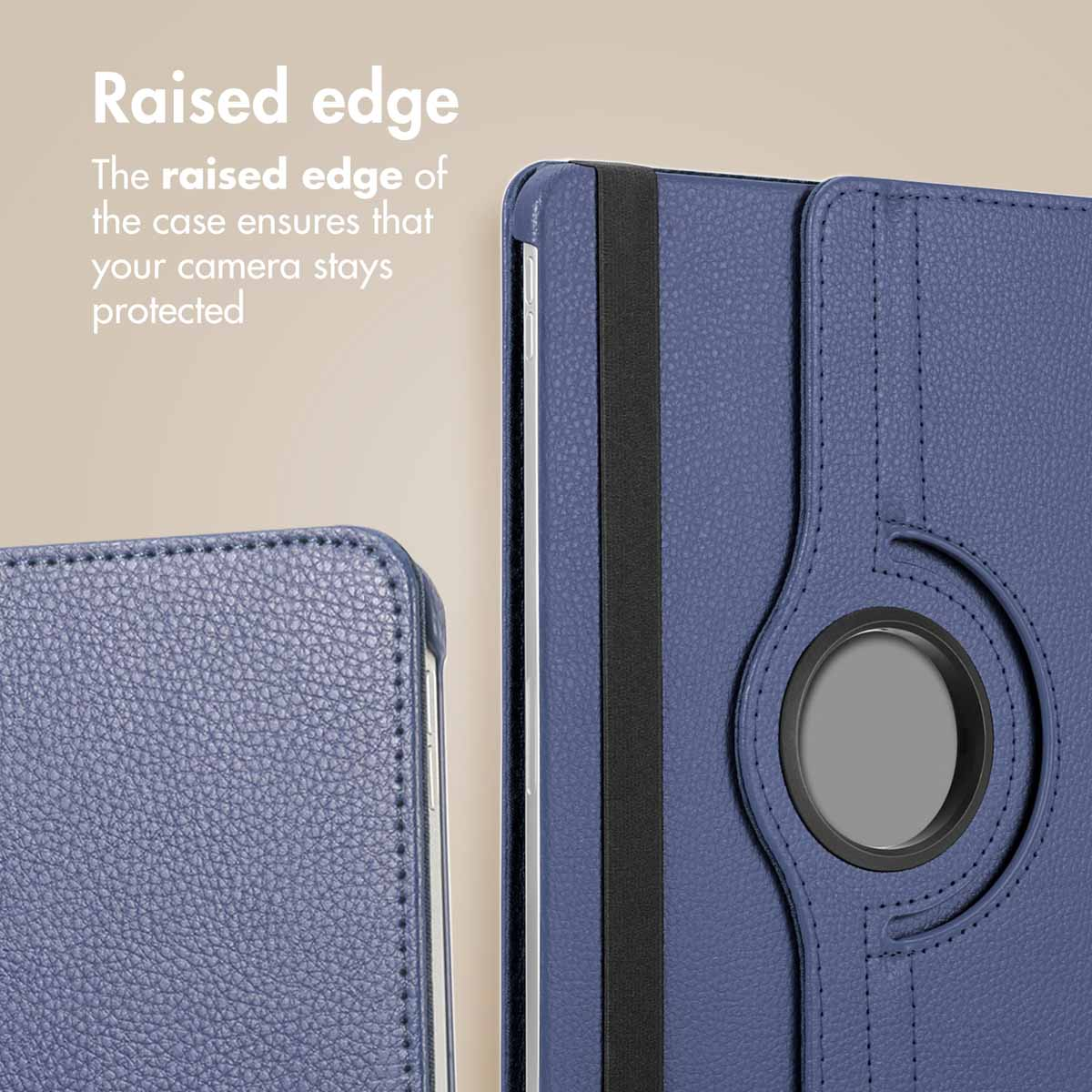 Blue tablet case with a raised edge for camera protection.