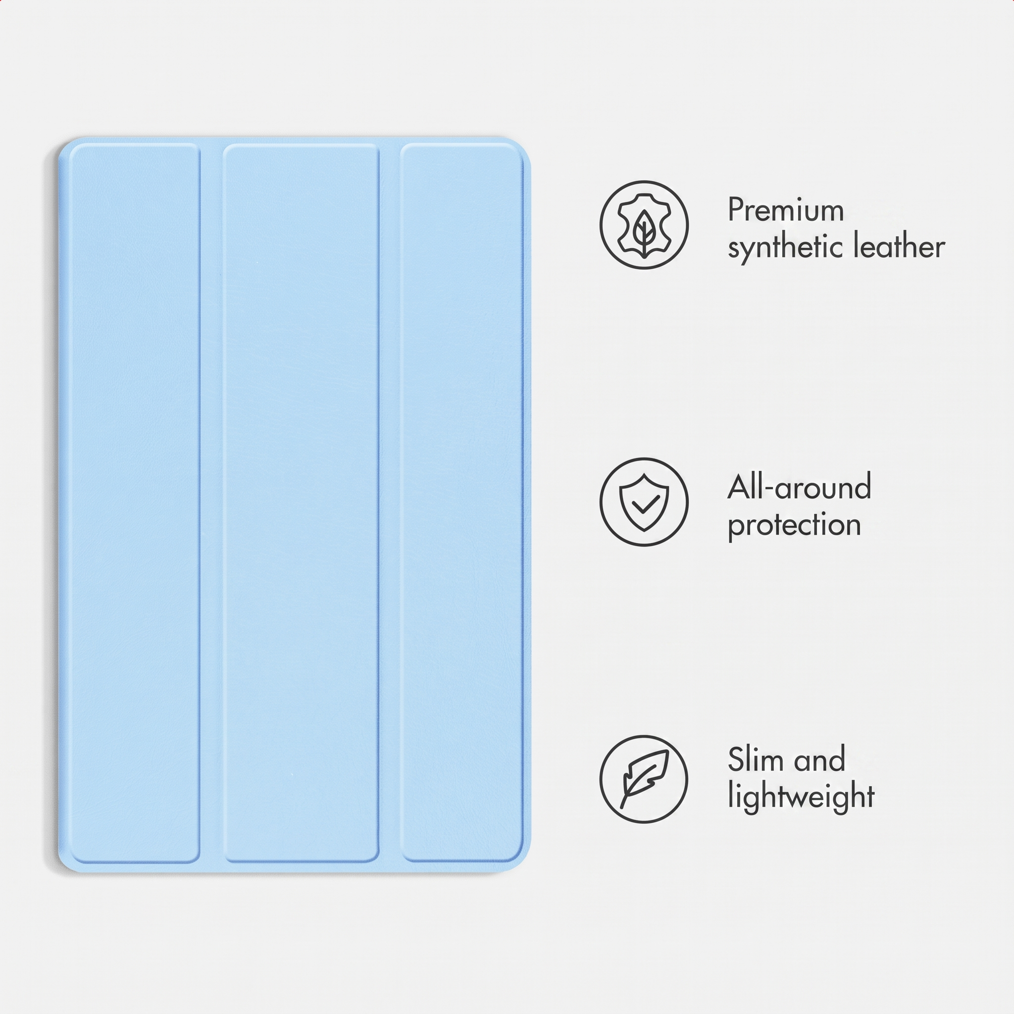 Un étui de tablette bleu avec trois icônes indiquant le matériau, la protection et le poids.