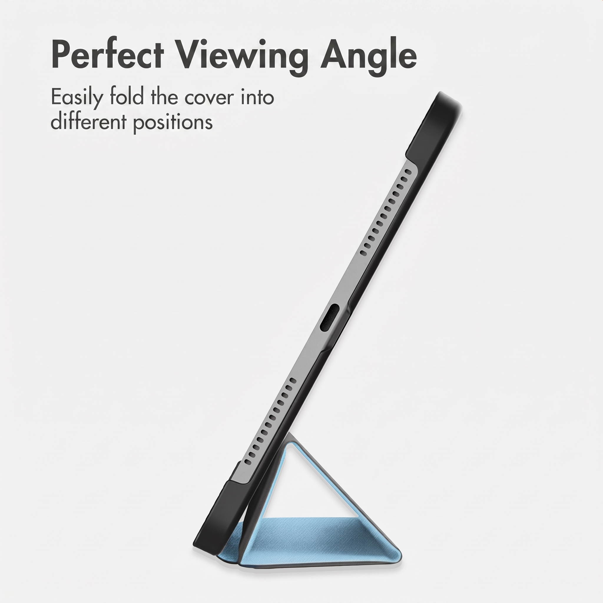 Une tablette dans une coque de protection repose sur un support bleu plié sur fond blanc.