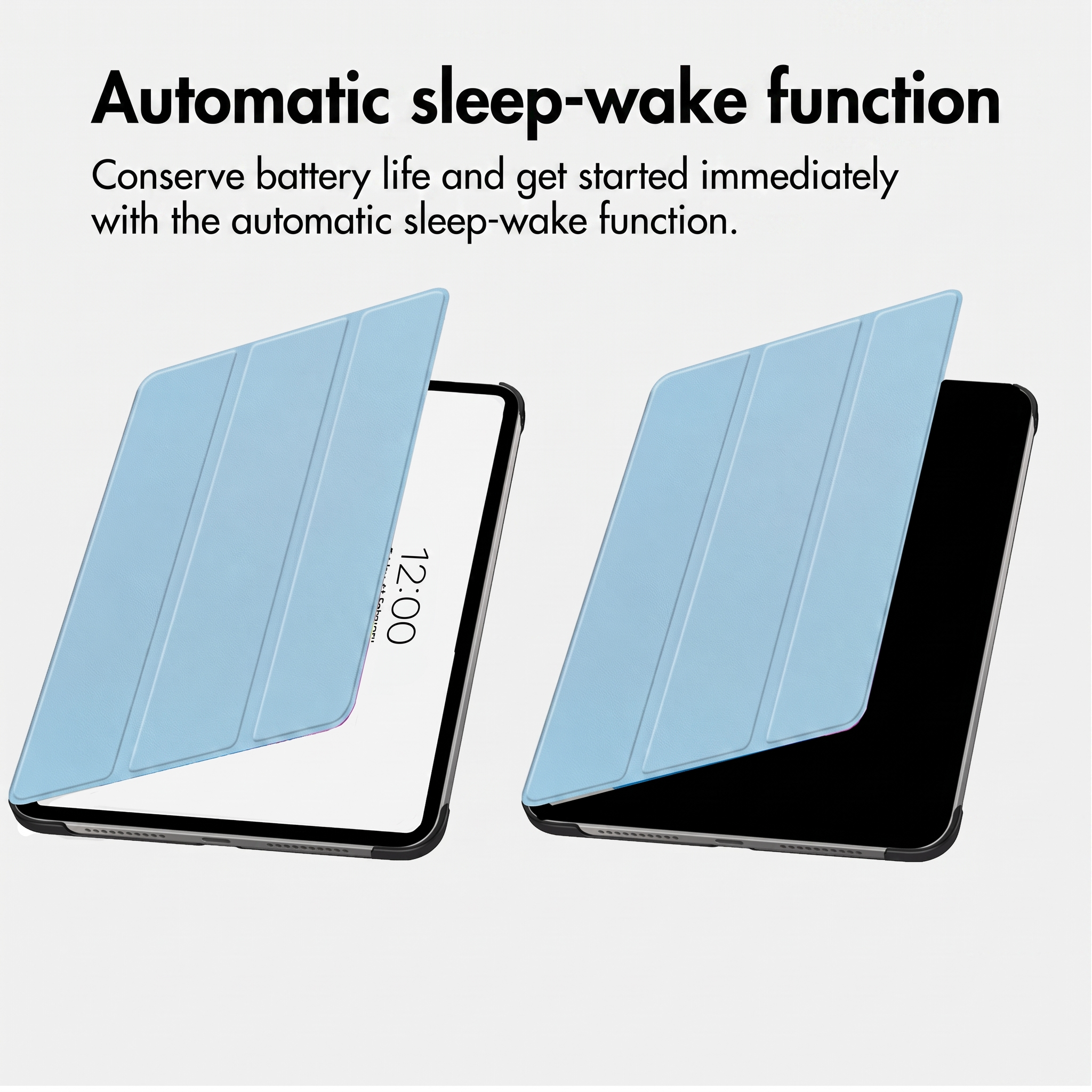 Deux tablettes avec étuis bleu clair illustrent la fonction veille-réveil automatique.
