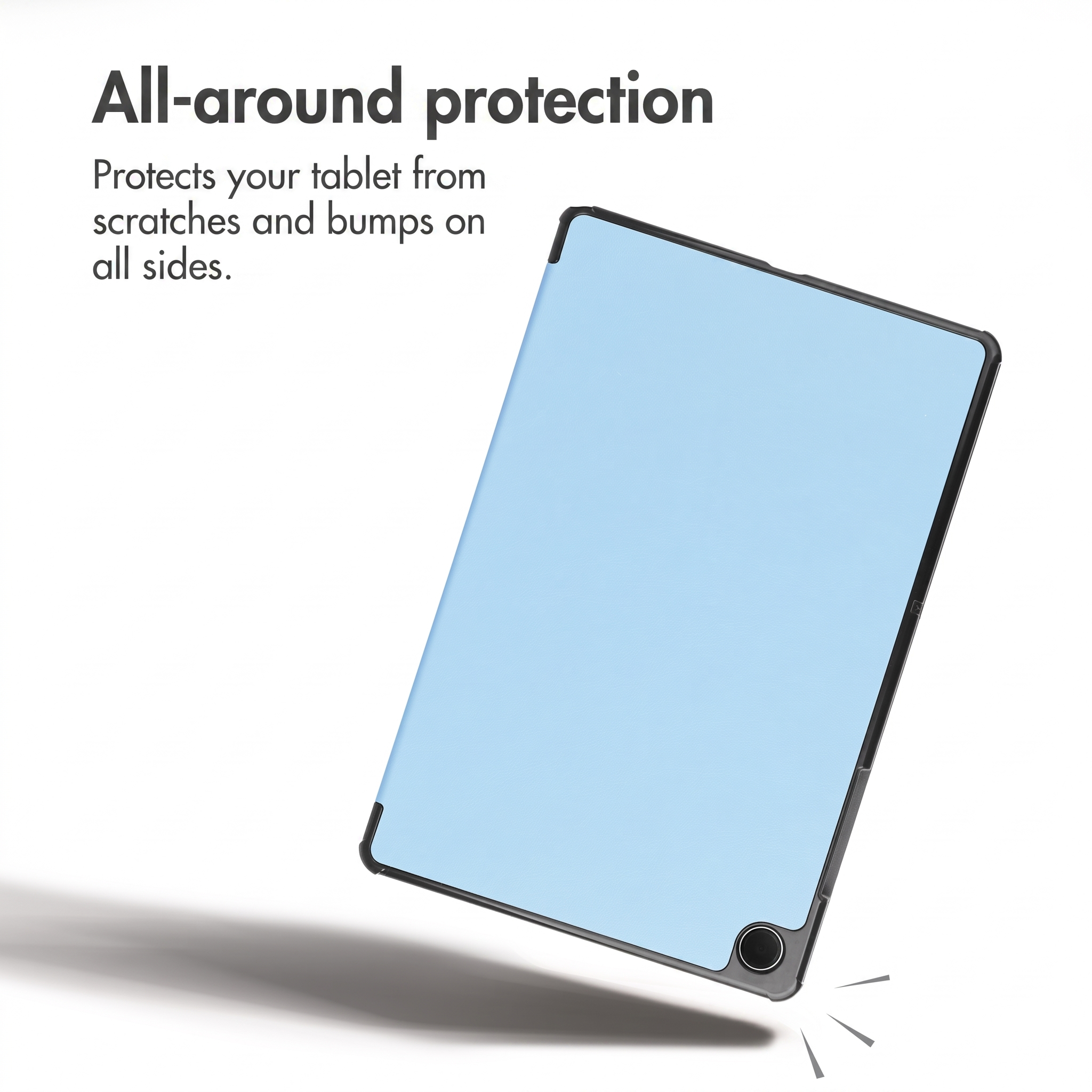 Un étui de tablette bleu clair avec une bordure noire sur fond blanc, accompagné d'un texte sur la protection.