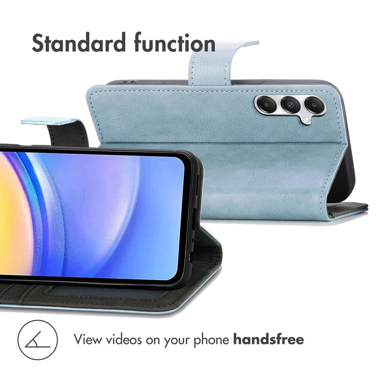 Custodia a portafoglio in pelle azzurra con supporto integrato, schermo e tripla fotocamera.