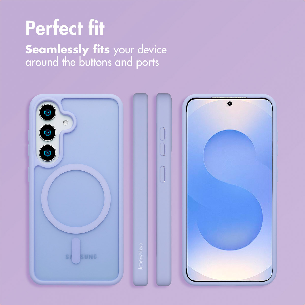Custodia per telefono viola con aperture per fotocamere, pulsanti e porte, accanto a uno smartphone.