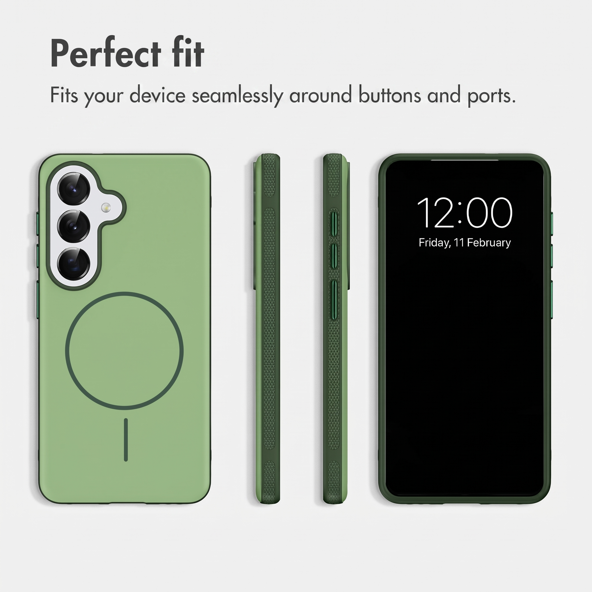 Grüne Handyhülle aus mehreren Winkeln gezeigt, mit dem Text "Perfect fit" und Erläuterungen.