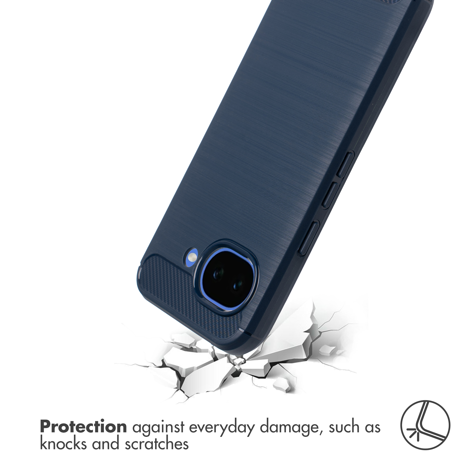 Coque de smartphone bleue protégeant des chocs; en dessous, matériau blanc fissuré.