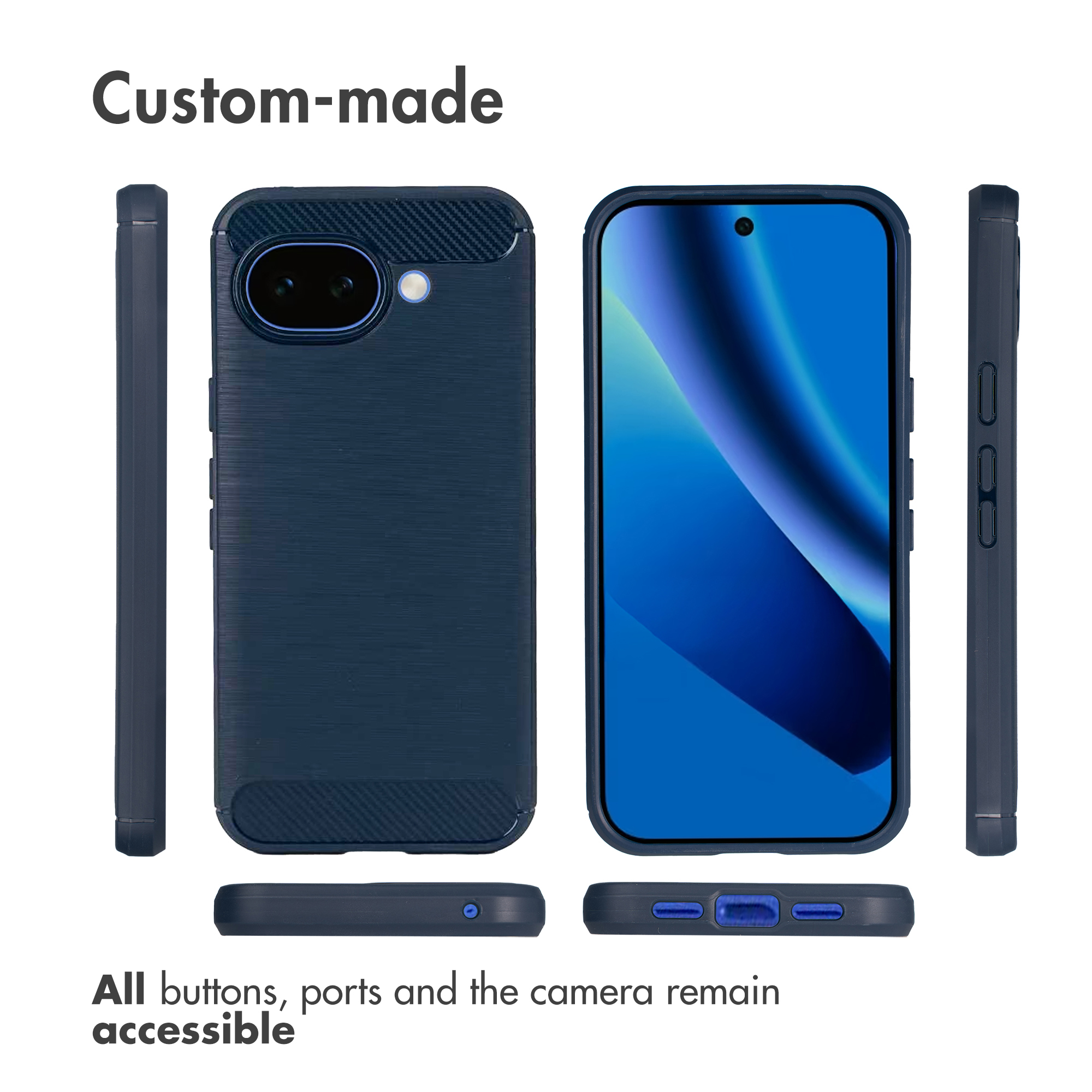Coque de smartphone bleue montrée sous plusieurs angles avec du texte.