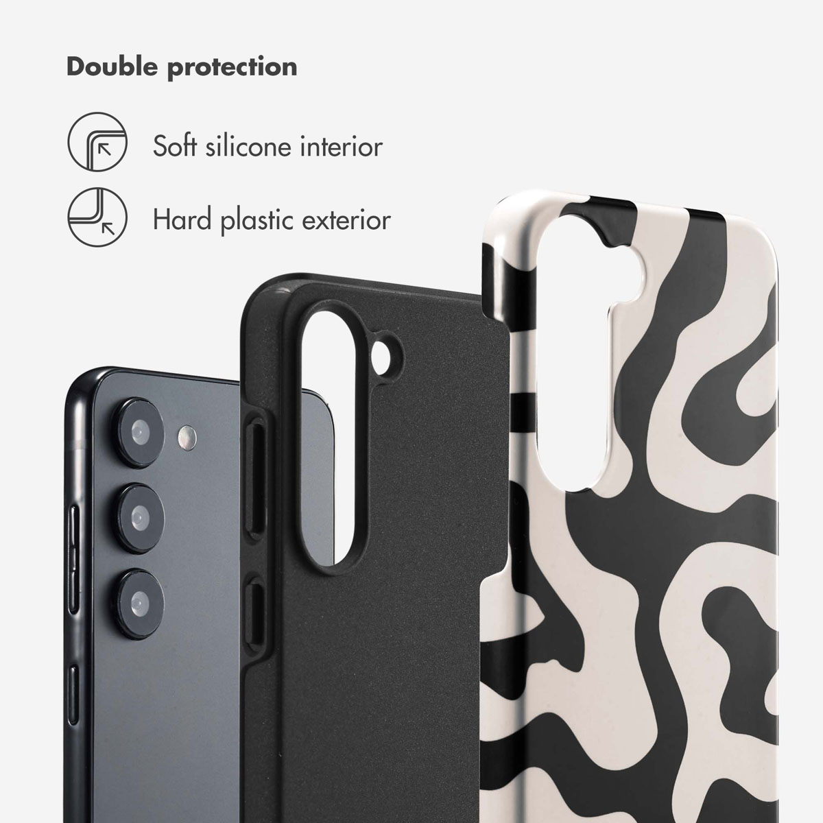 Smartphone avec double protection : intérieur en silicone souple et extérieur en plastique dur.