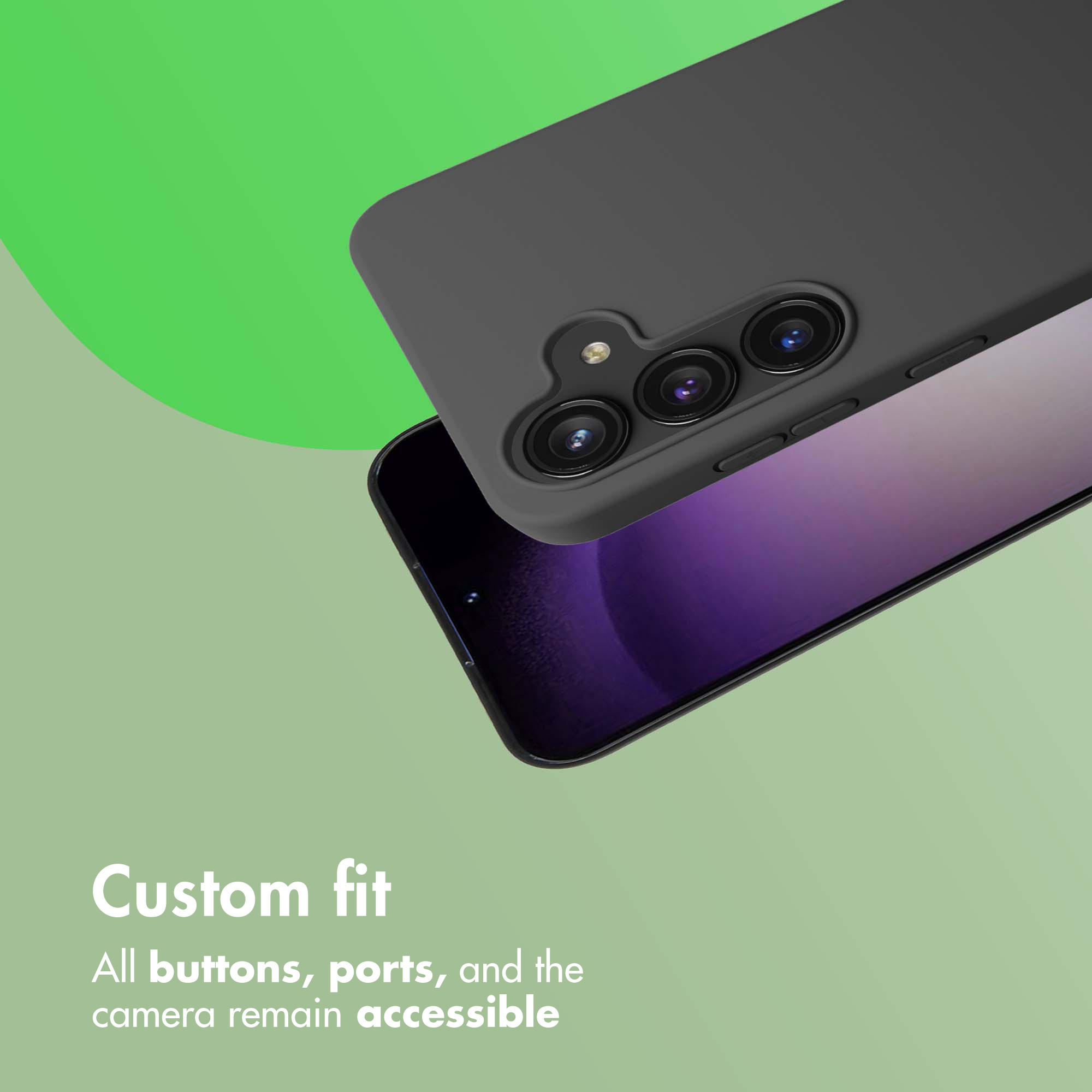 Un smartphone con funda negra y tres lentes de cámara sobre fondo verde y morado.