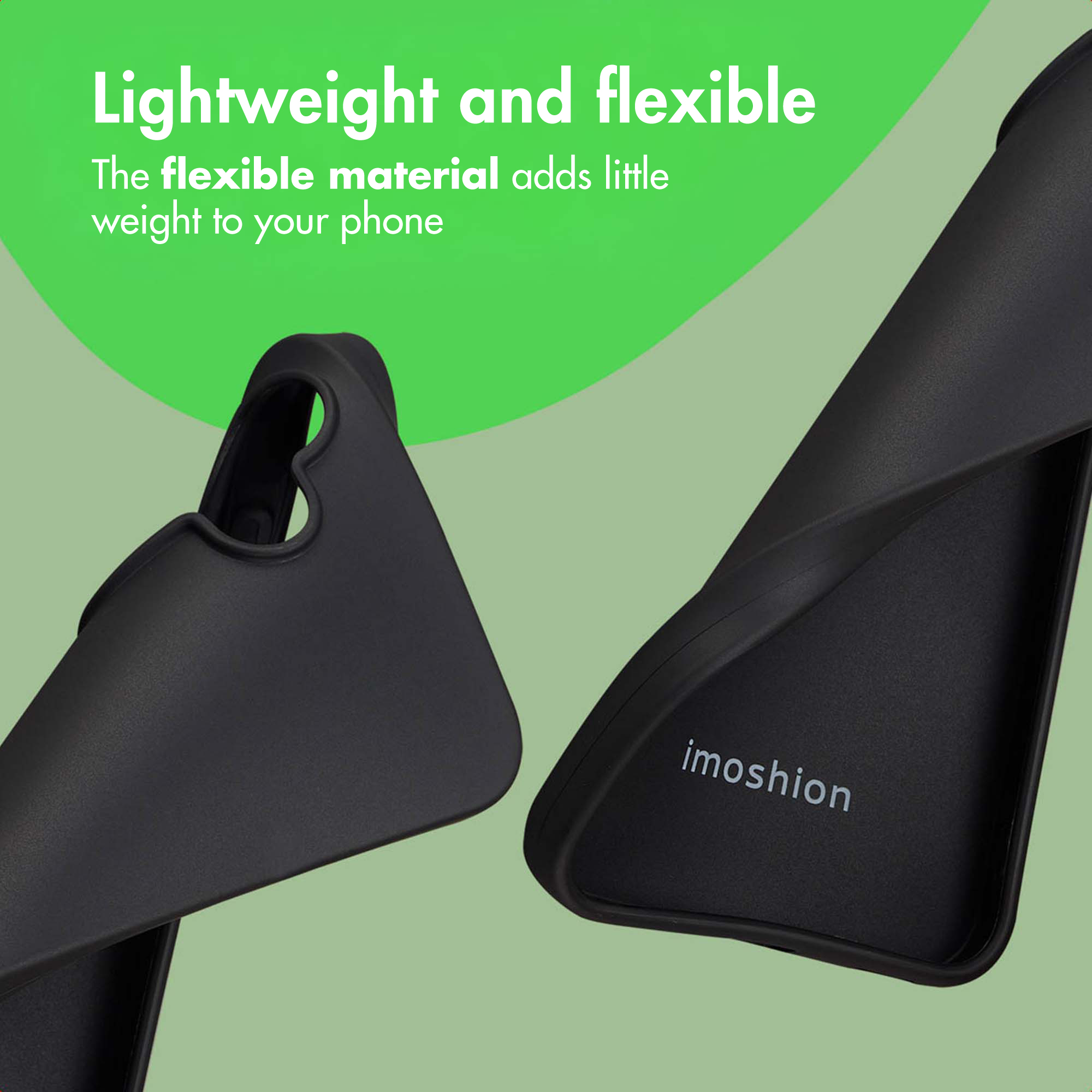 Dos fundas de móvil negras Imoshion sobre fondo verde con texto promocional sobre flexibilidad.