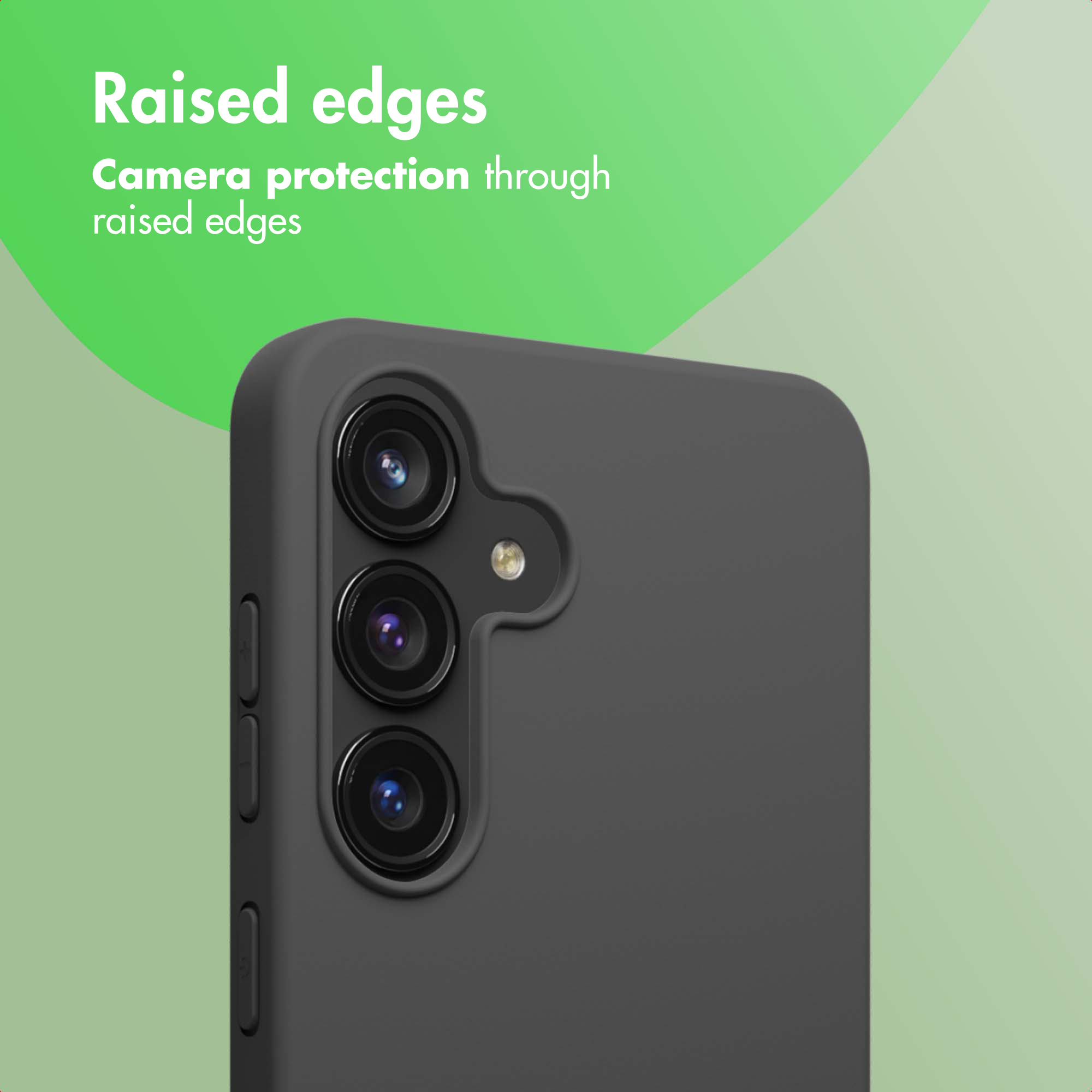 Un smartphone gris en una funda protectora destaca la cámara trasera y los bordes elevados.