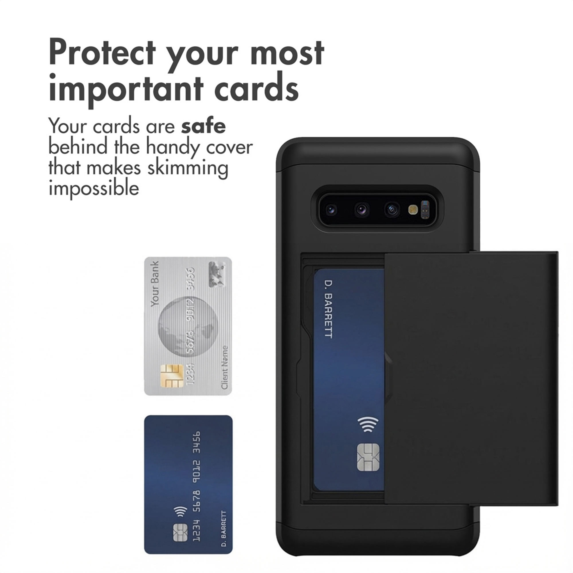 Coque de téléphone noire avec compartiment à cartes et deux cartes visibles.