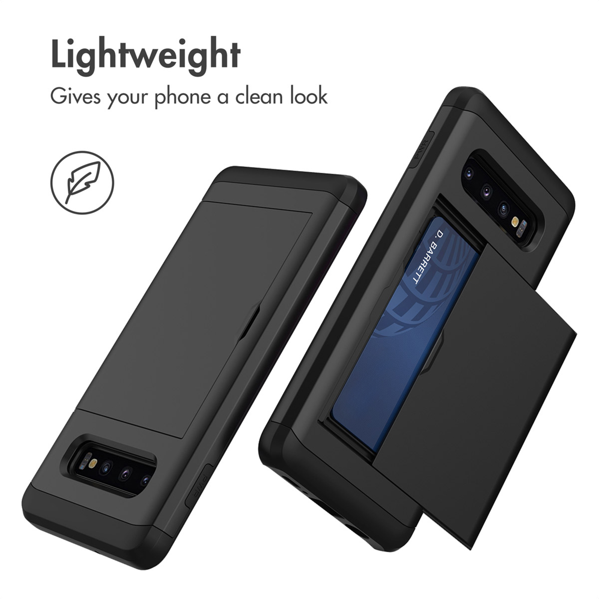 Deux coques de téléphone noires, l'une avec fente pour carte intégrée et clapet ouvert, sur fond clair.