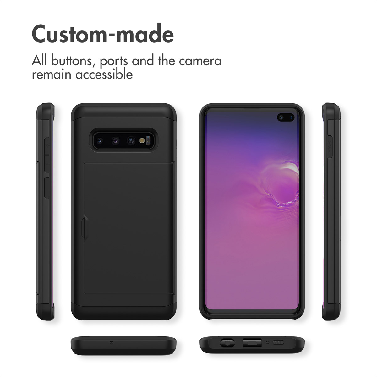 Coque de téléphone noire avec porte-cartes et boutons accessibles sous plusieurs angles.