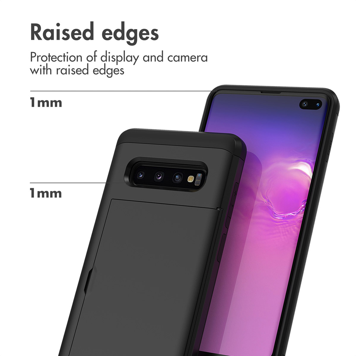 Schéma montrant une coque avec des bords surélevés de 1 mm protégeant l'écran et la caméra.