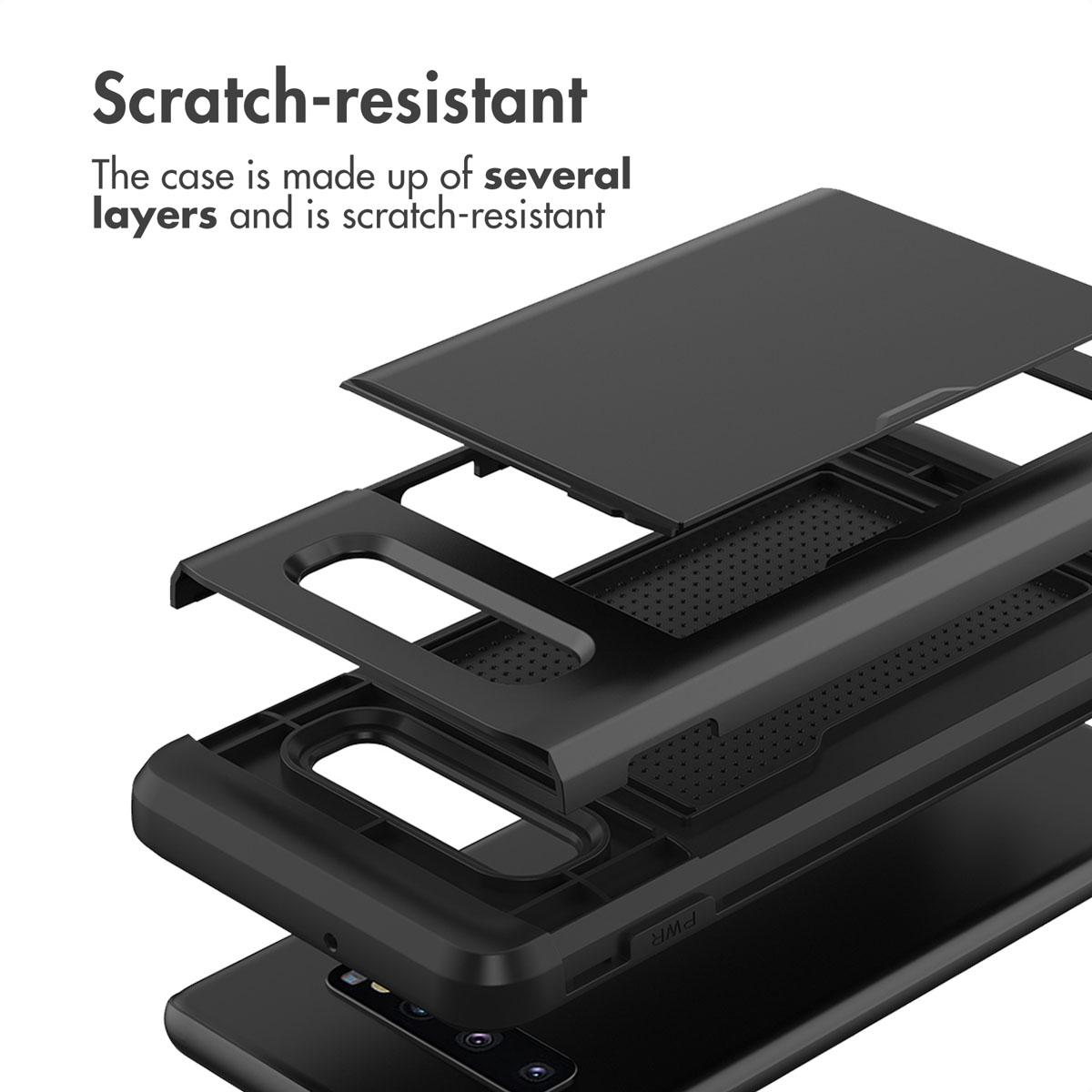 Vue éclatée d'une coque de smartphone noire multicouche résistante aux rayures au-dessus d'un téléphone.