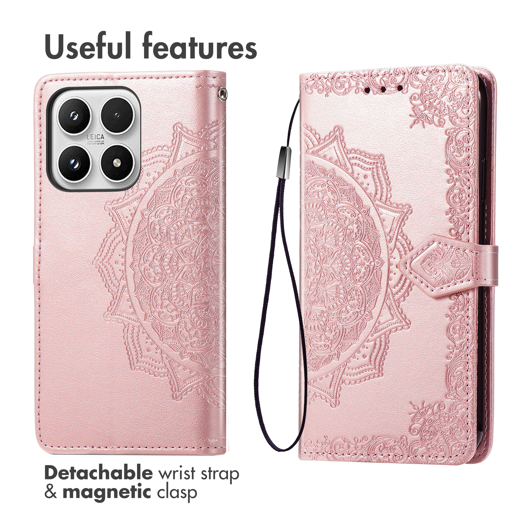 Custodia per telefono rosa stile portafoglio con goffratura mandala, laccetto e chiusura magnetica.