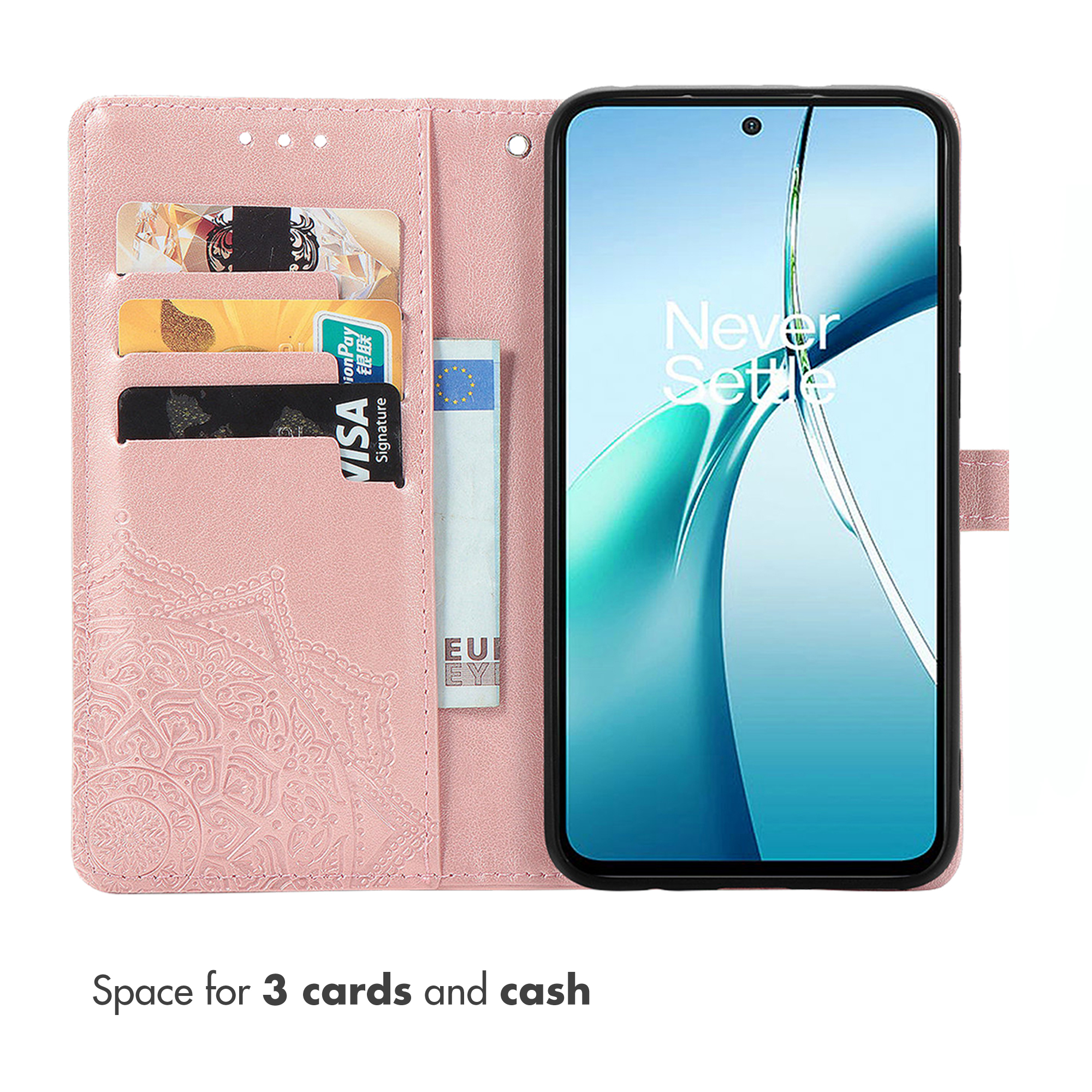 Custodia a portafoglio in pelle rosa con spazi per tre carte e contanti.