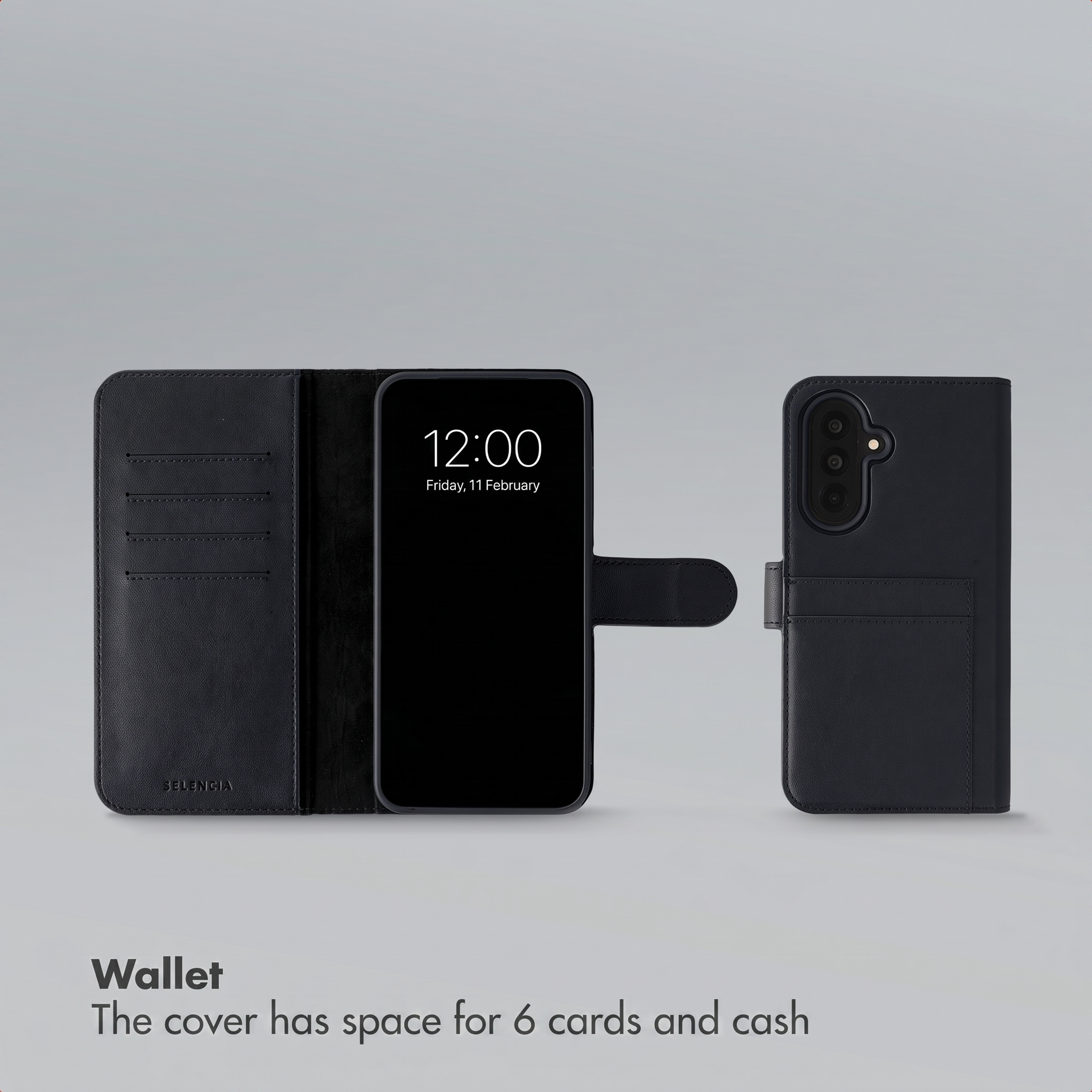 Black wallet phone case shown open and closed on a grey background with text.