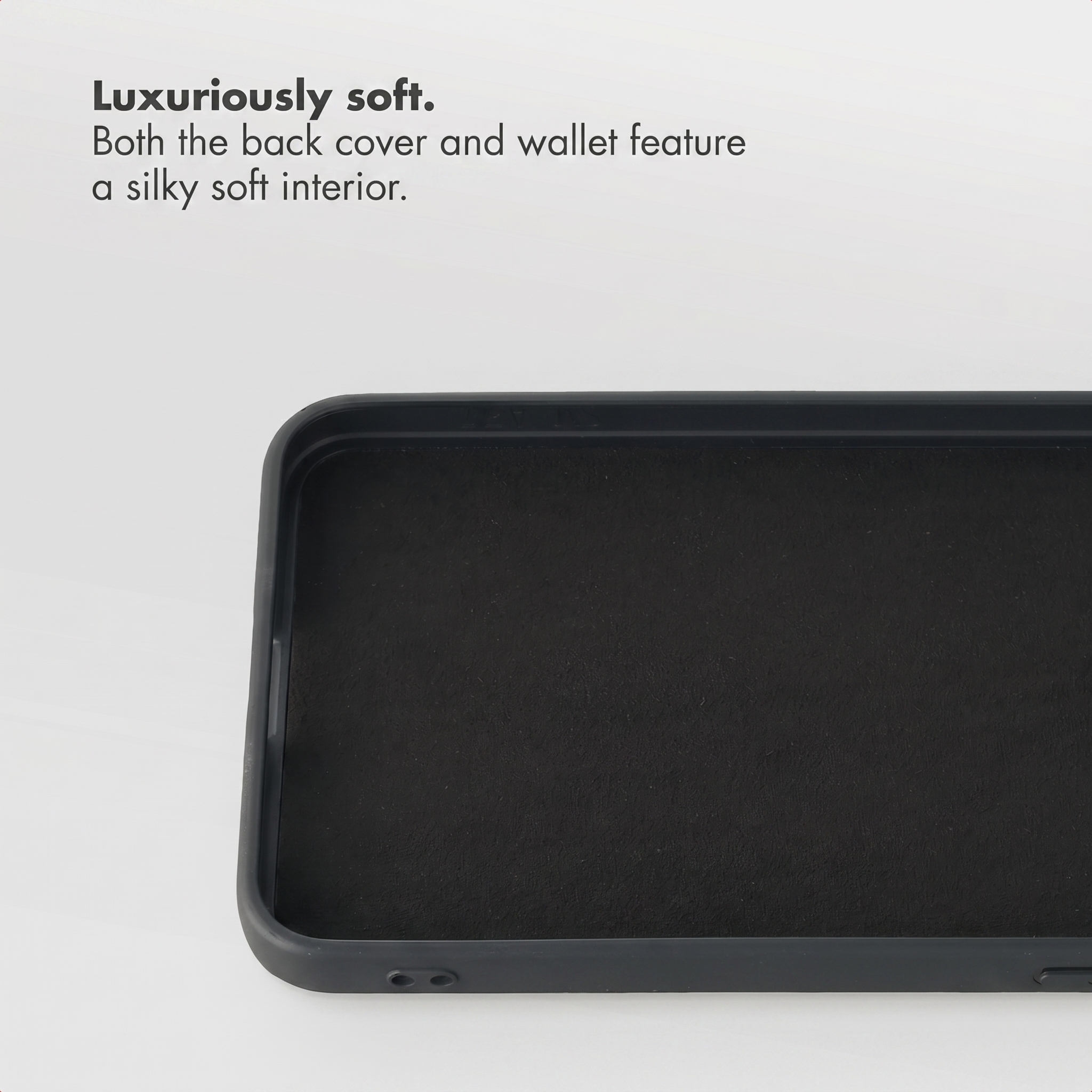 Close-up of a black phone case interior with text above stating it has a luxuriously soft silky interior.