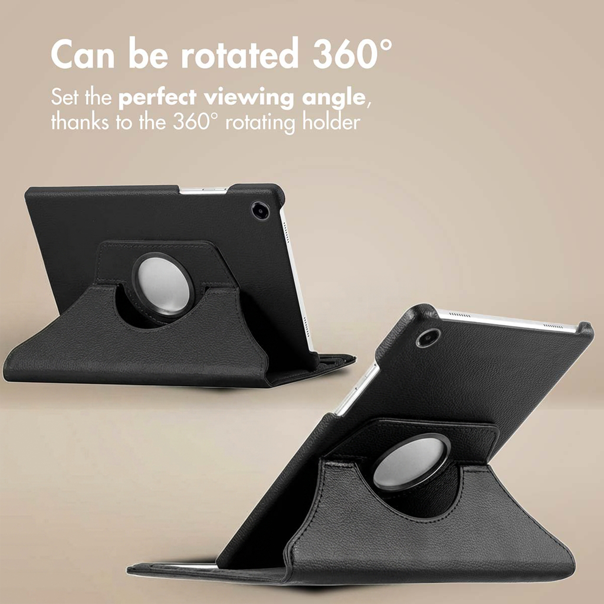 Two black tablet cases with built-in rotating stands stand on a light background with text above.