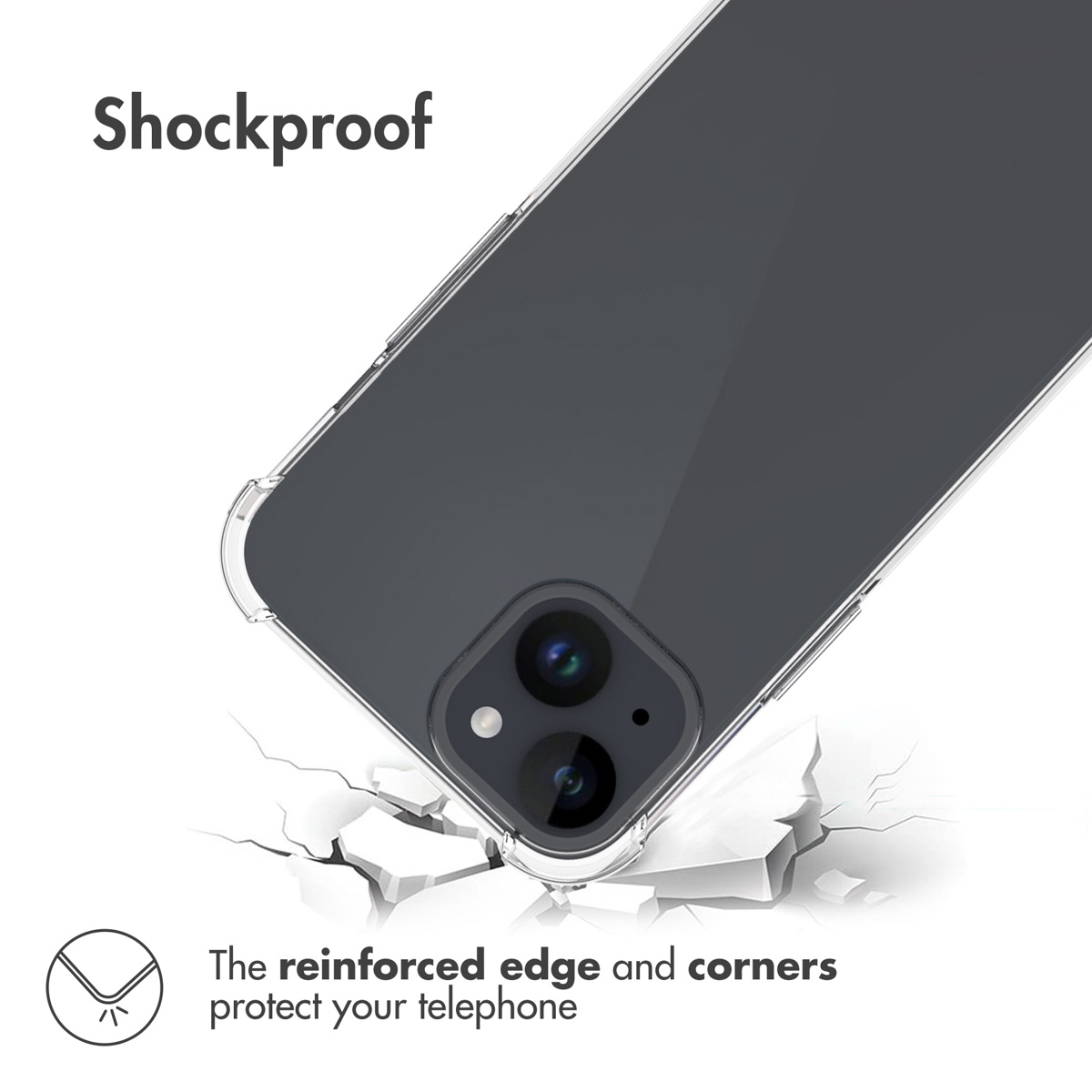 Clear phone case with reinforced corners over cracked ground, text: Shockproof.
