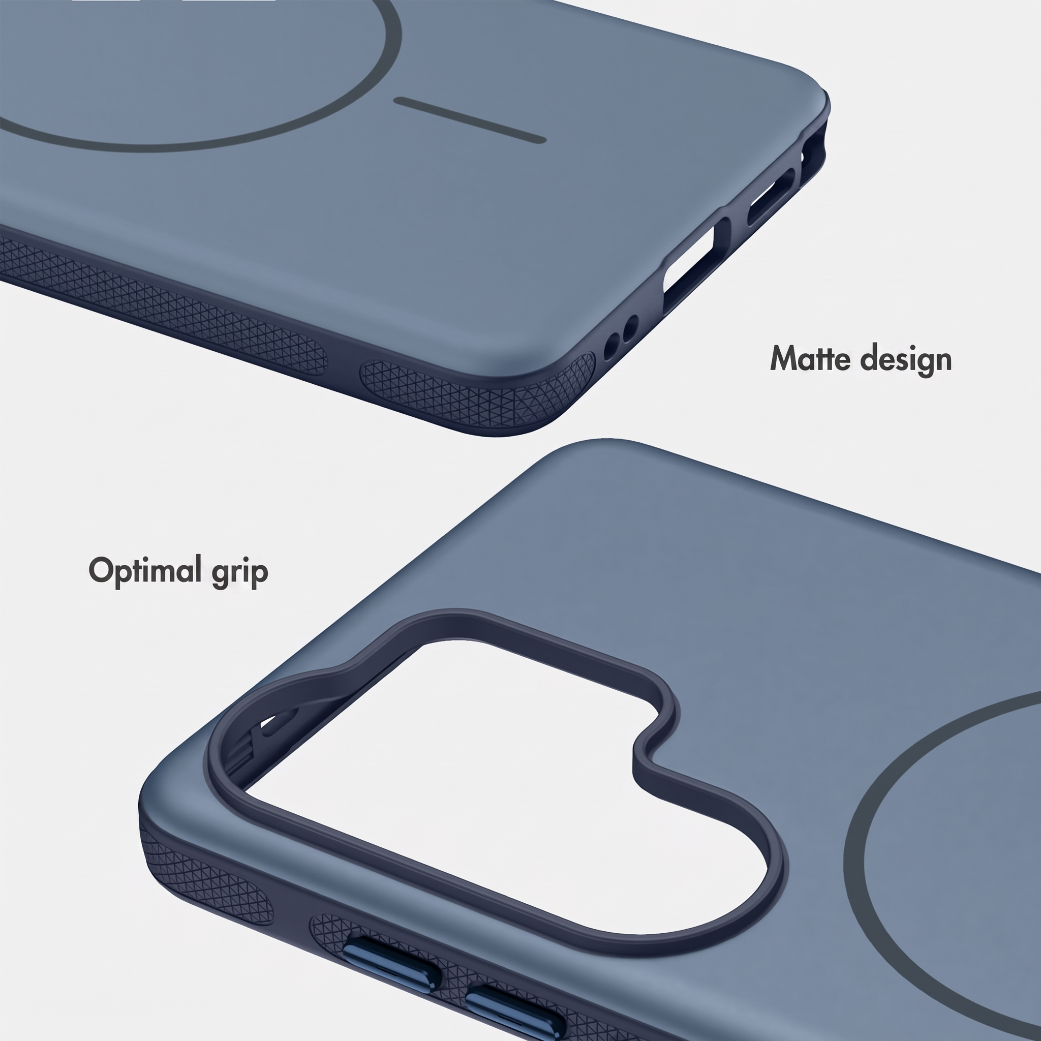 Blaue matte Handyhülle mit strukturierter Seite für optimalen Griff.