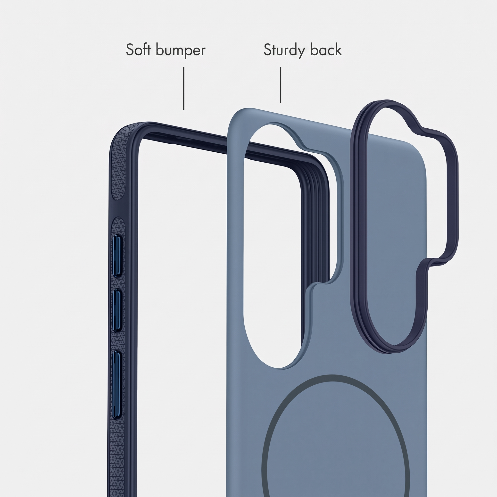 Diagramm zeigt die Schichten einer blauen Handyhülle mit weichem Bumper und stabiler Rückseite.