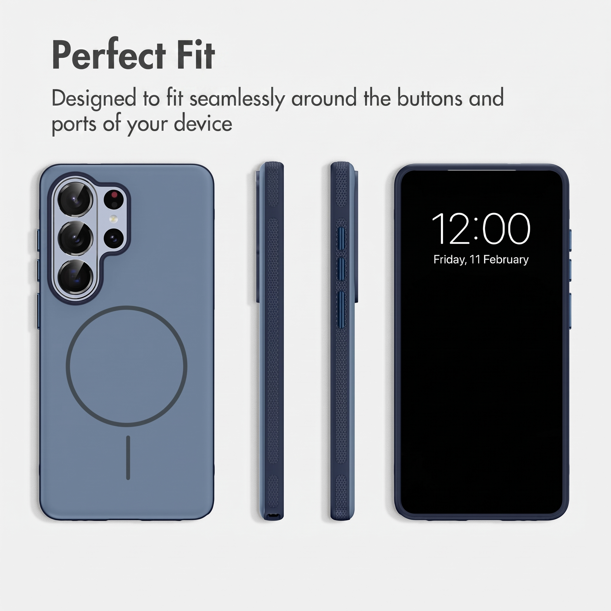 Blaue Smartphone-Hülle aus verschiedenen Blickwinkeln mit Text 'Perfect Fit' oben.